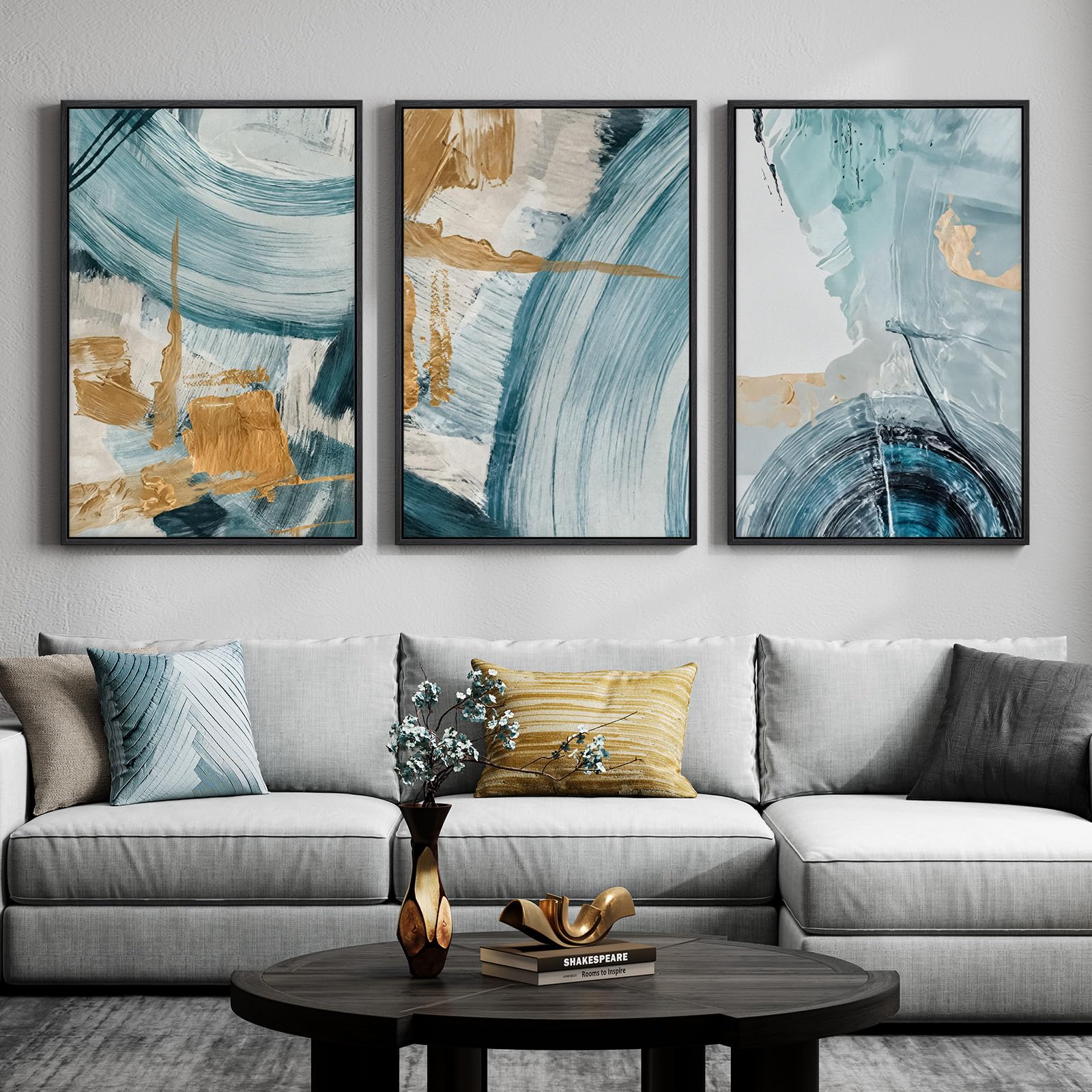 Large Framed Sage Green Abstract Landscape Wall Art for Living Room, 3 Piece Modern Canvas Prints Paintings Artwork for Walls, Nature Rustic Pictures Wall Decor for Bedroom Farmhouse Office 24x36 In
