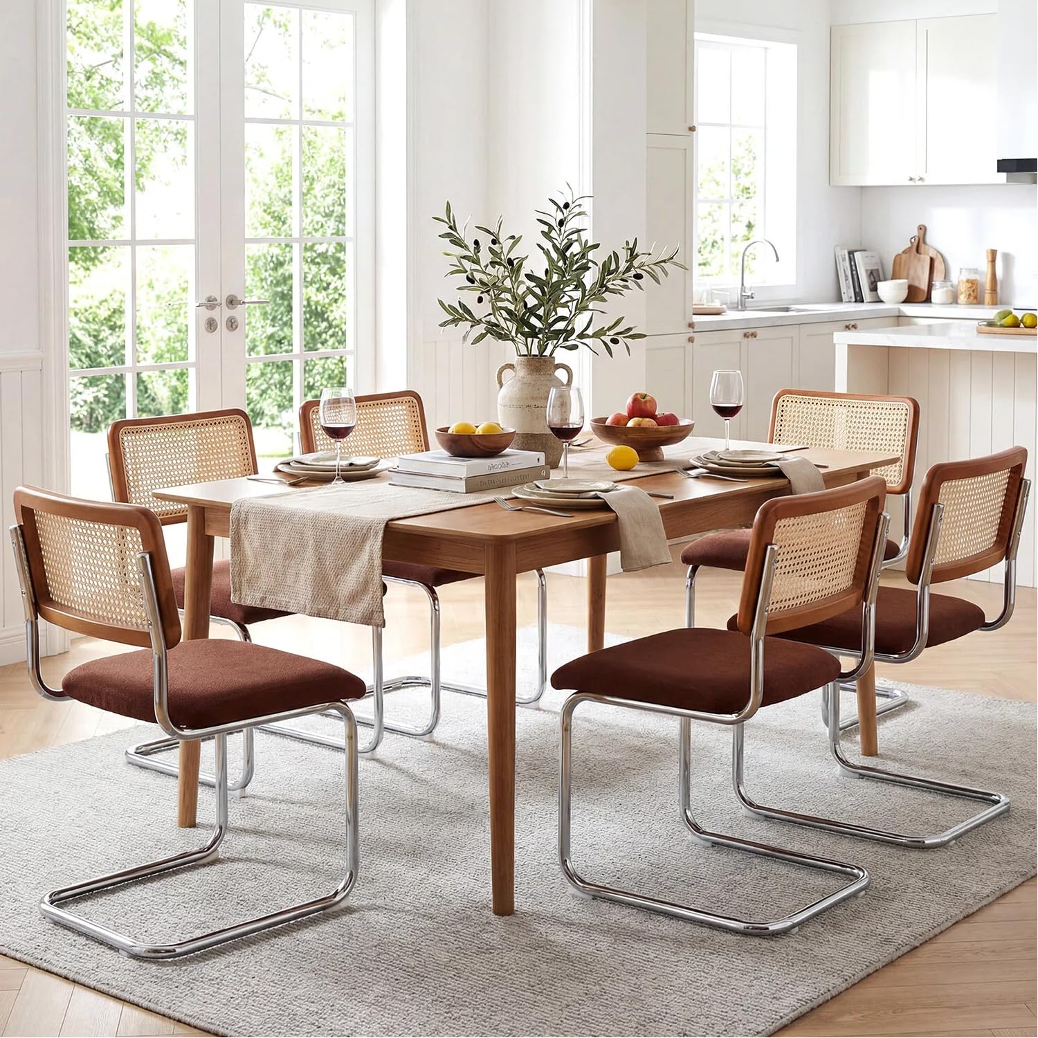 Zesthouse Natural Rattan Dining Chairs Set of 2, Olive Green Modern Kitchen Chairs with Solid Wood Back & Chrome Base, Mid Century Breuer Design Inspired, Upholstered Velvet Fabric