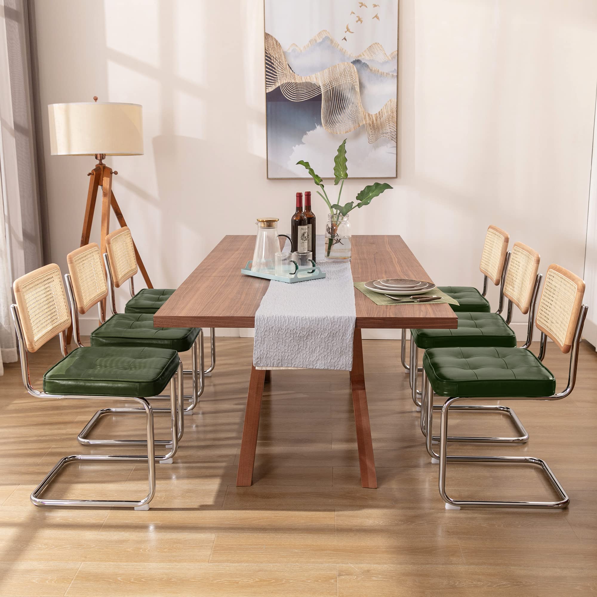 Zesthouse Natural Rattan Dining Chairs Set of 2, Olive Green Modern Kitchen Chairs with Solid Wood Back & Chrome Base, Mid Century Breuer Design Inspired, Upholstered Velvet Fabric