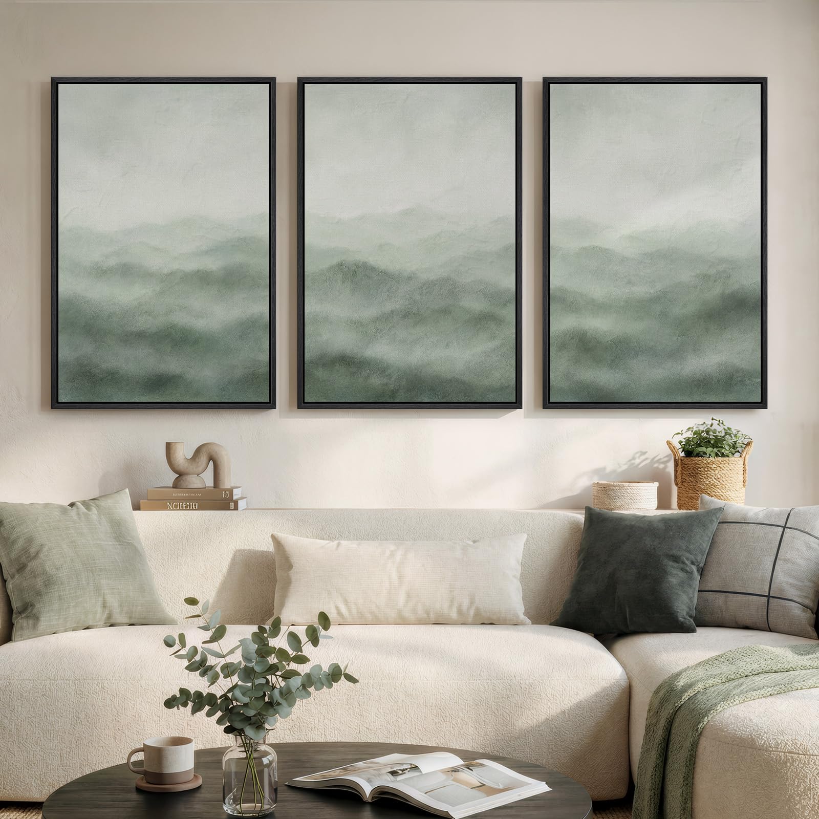 Large Framed Sage Green Abstract Landscape Wall Art for Living Room, 3 Piece Modern Canvas Prints Paintings Artwork for Walls, Nature Rustic Pictures Wall Decor for Bedroom Farmhouse Office 24x36 In
