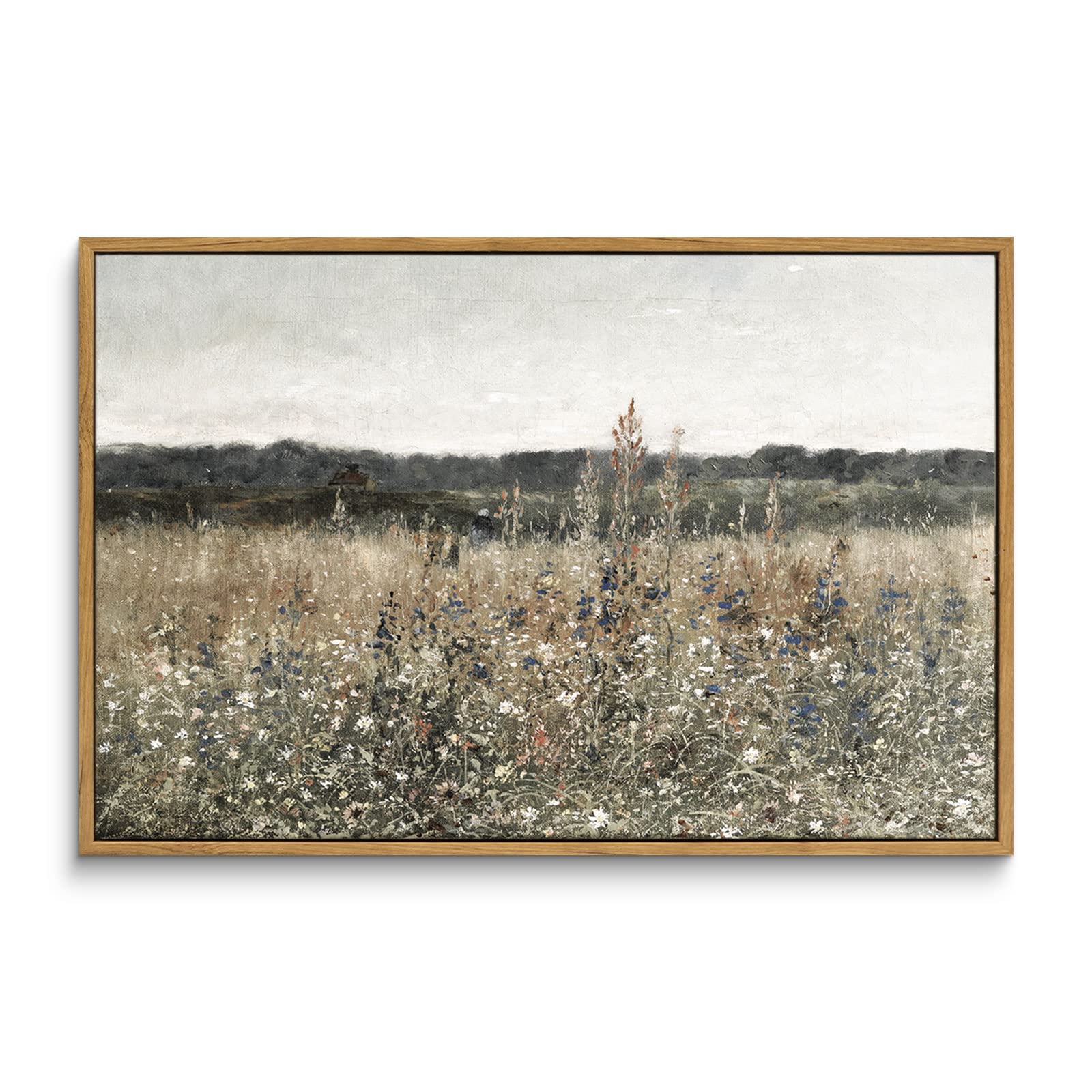 InSimSea Framed Canvas Wall Art Vintage Decor, Landscape Wall Art, Meadow with Flowers Art, Modern Farmhouse Decor, Cottagecore Bedroom Bathroom Office Decorations, 24"x36"