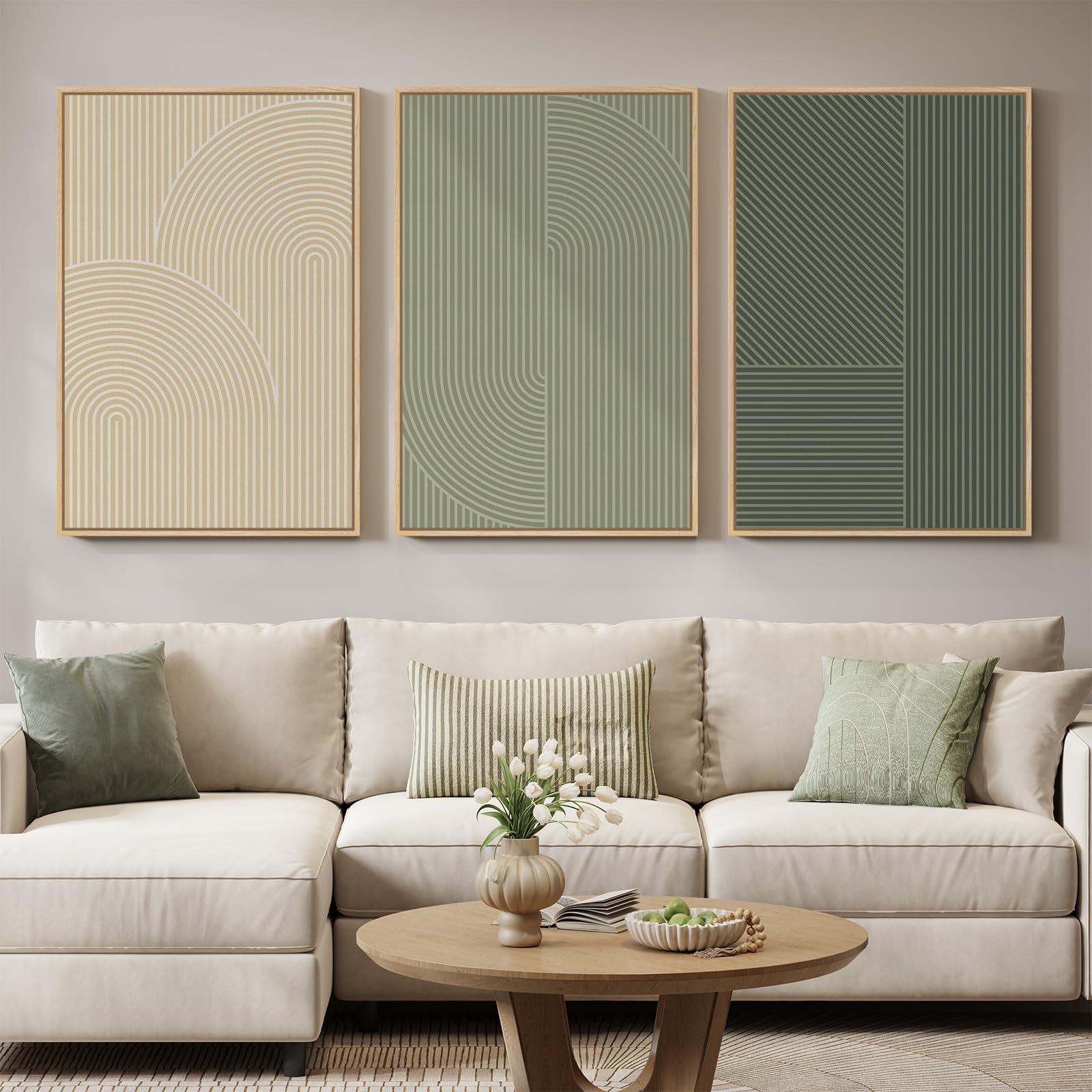 Large Framed Sage Green Abstract Landscape Wall Art for Living Room, 3 Piece Modern Canvas Prints Paintings Artwork for Walls, Nature Rustic Pictures Wall Decor for Bedroom Farmhouse Office 24x36 In