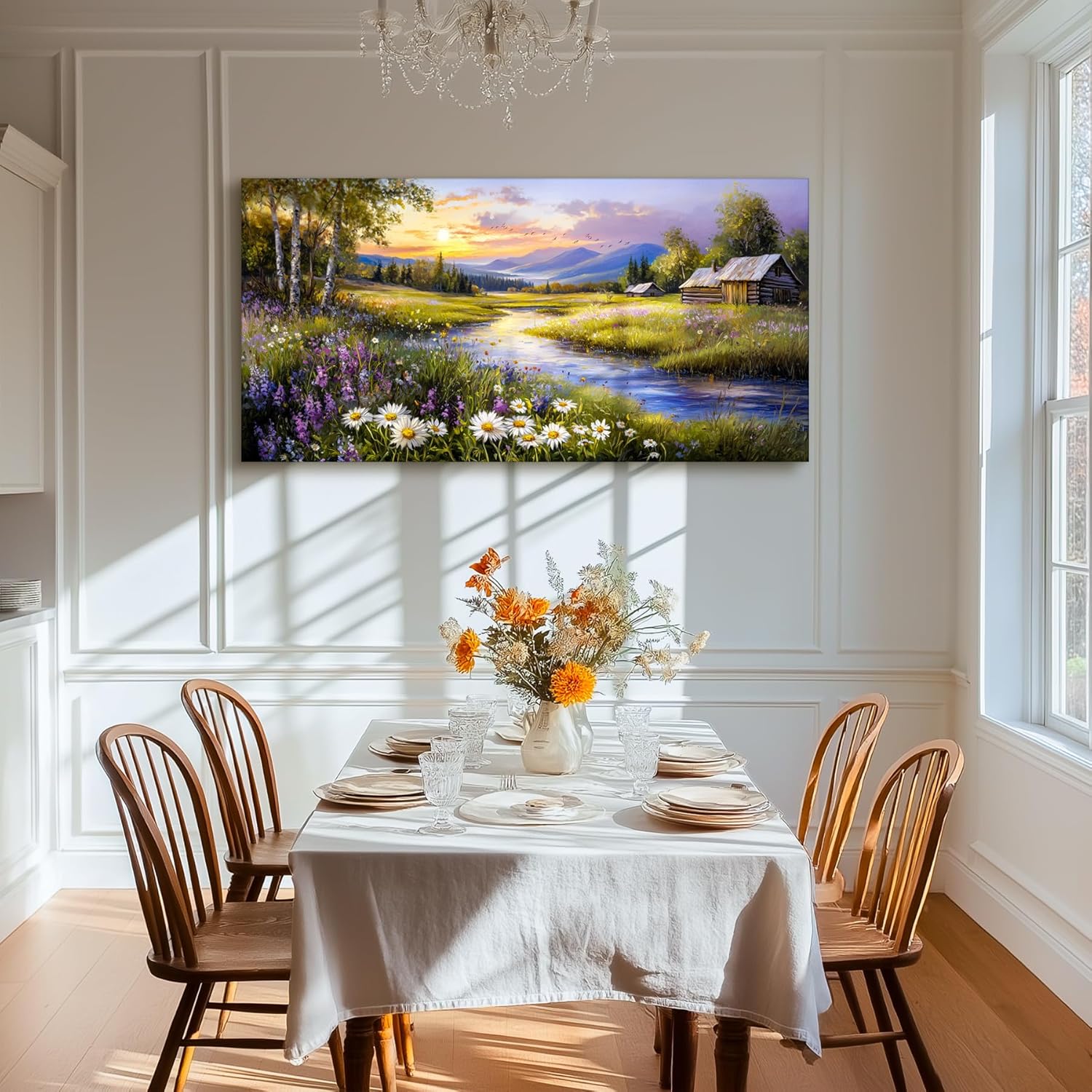 SERIMINO Large Wall Art Prints, Rural Landscape Wall Decor, Meadow Wildflower Canvas Painting, River Cottage Pictures Home Decor Living Room Bedroom, Green Scenery Farmhouse Decor Artwork 20"X40"