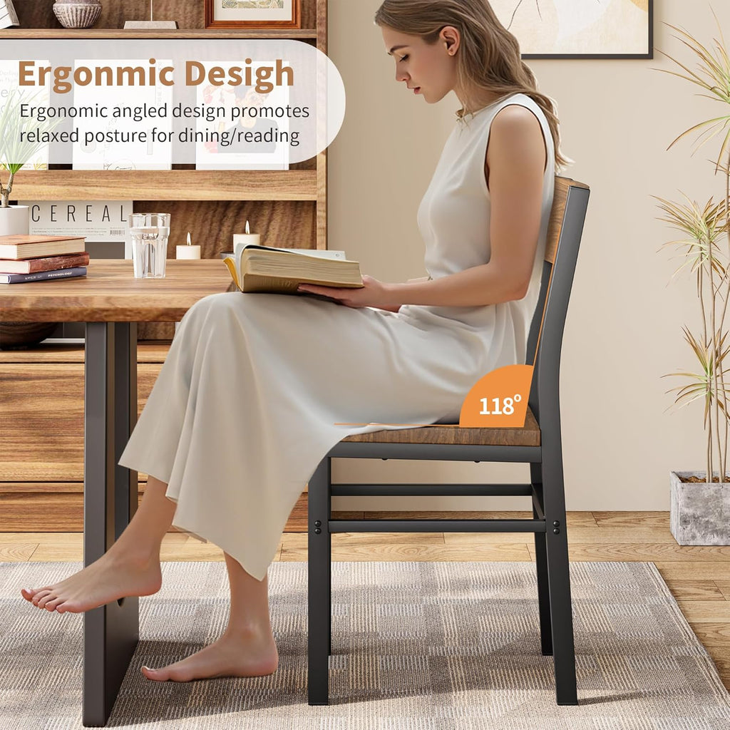 MECHYIN Dining Chairs Set of 4, Rustic Wood Dining Room Chairs with Thickened and Strengthened Metal Steel Frame & Slat Back, Modern Farmhouse Chair for Kitchen, Dining Room (4, Nut-Brown)