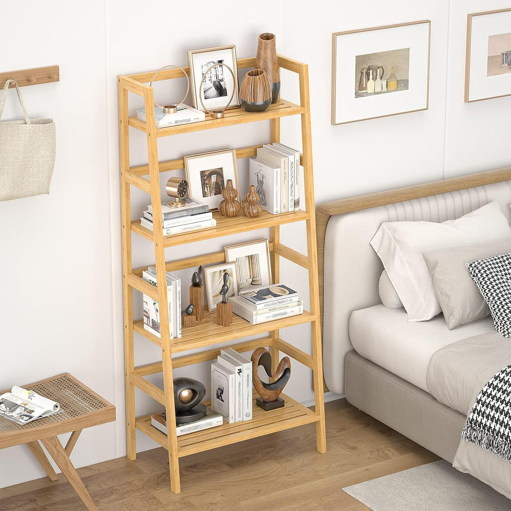 Homykic Ladder Shelf, 4-Tier Bamboo Ladder Bookshelf Small Bookcase, 49” Tall Open Display Shelves Wood Plant Stand Storage Rack for Living Room, Bathroom, Bedroom, Home Office