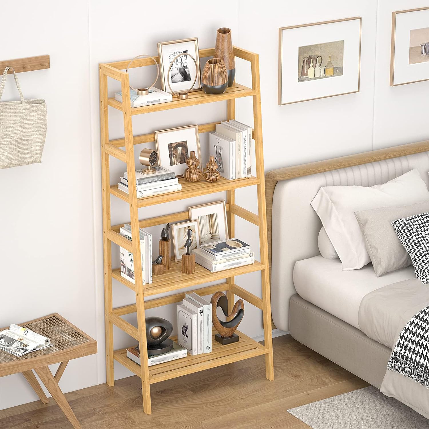 Homykic Ladder Shelf, 4-Tier Bamboo Ladder Bookshelf Small Bookcase, 49” Tall Open Display Shelves Wood Plant Stand Storage Rack for Living Room, Bathroom, Bedroom, Home Office