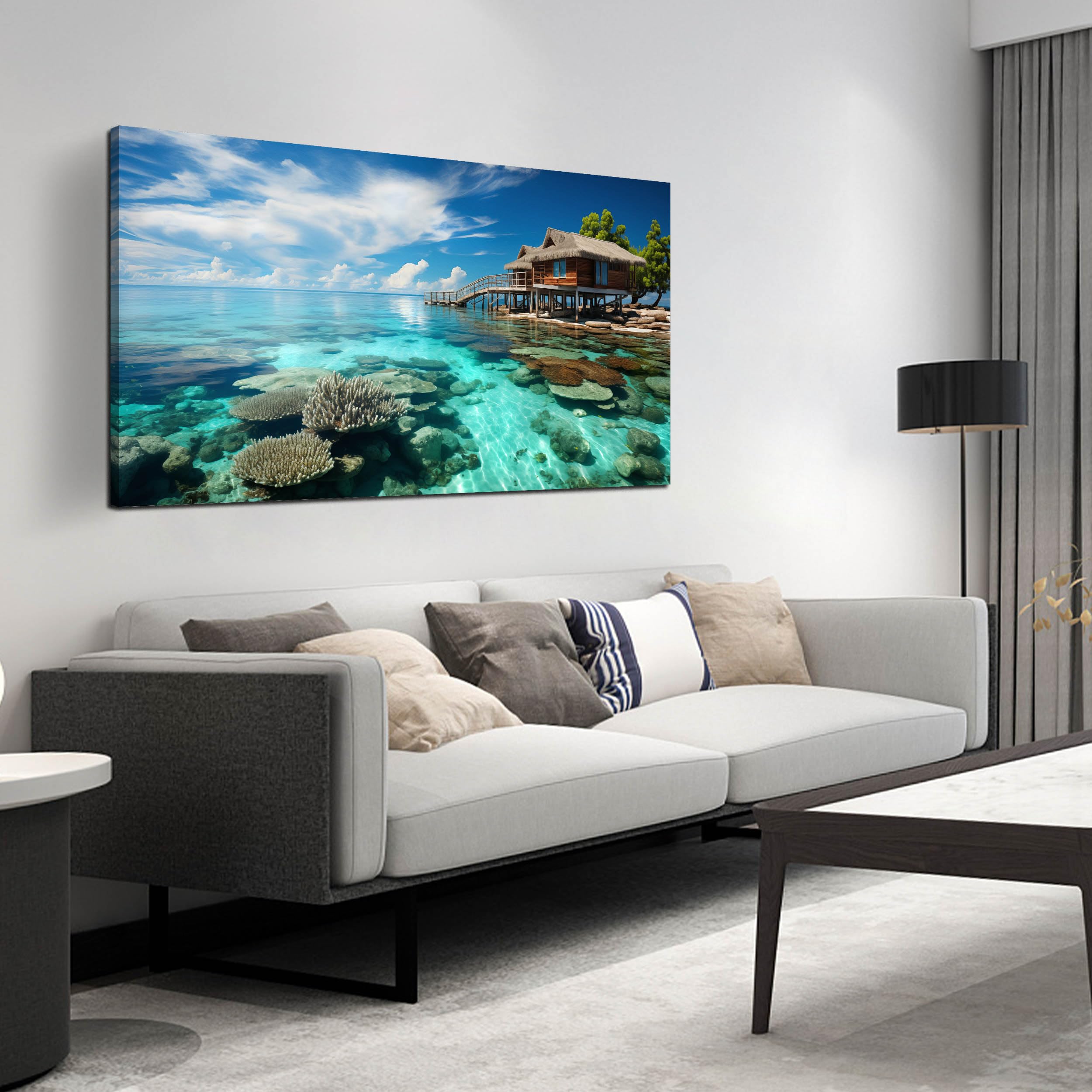 Ocean Scenic Canvas Wall Art, Blue Seascape Wall-Decor Picture , Ocean Scenery Canvas Decoration, Coastal Landscape Print Decorative Artwork for Home living Room Bedroom and Office, Size 40x20 Inches