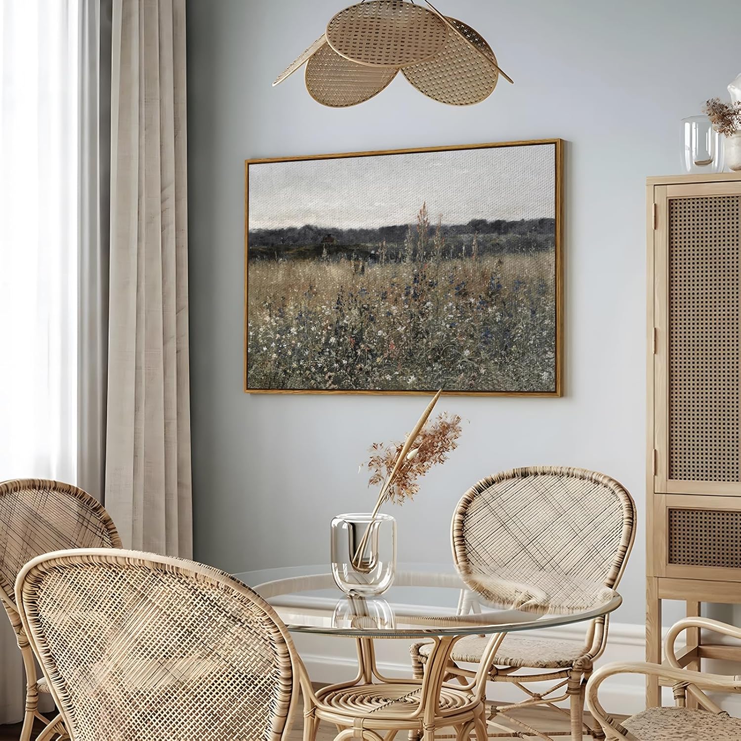 InSimSea Framed Canvas Wall Art Vintage Decor, Landscape Wall Art, Meadow with Flowers Art, Modern Farmhouse Decor, Cottagecore Bedroom Bathroom Office Decorations, 24"x36"
