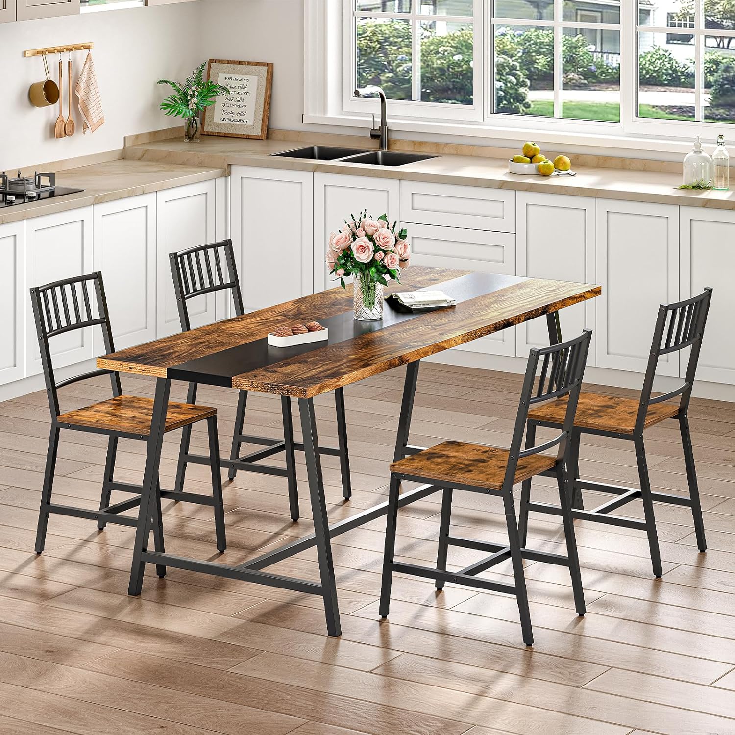HOOBRO Dining Chairs Set of 2, Wooden Kitchen Chairs with Metal Frame, Industrial Dining Chairs with Back, Easy to Assemble, Farmhouse Dining Chairs for Living Room, Rustic Brown and Black BF39CD01
