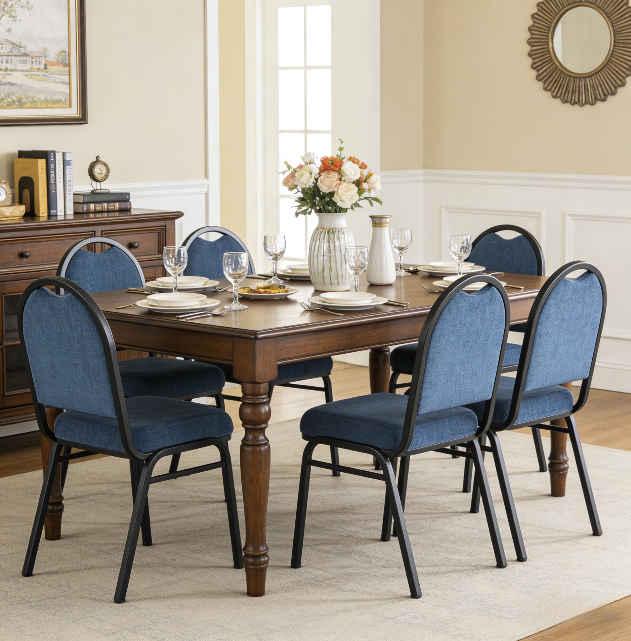 Stackable Banquet Dining Chairs 4 Pack, Upholstered Crown Back Event Chairs with Black Fabric Seat, Heavy Duty Steel Frame, 300 lb Capacity, No Assembly, for Restaurant Wedding Conference