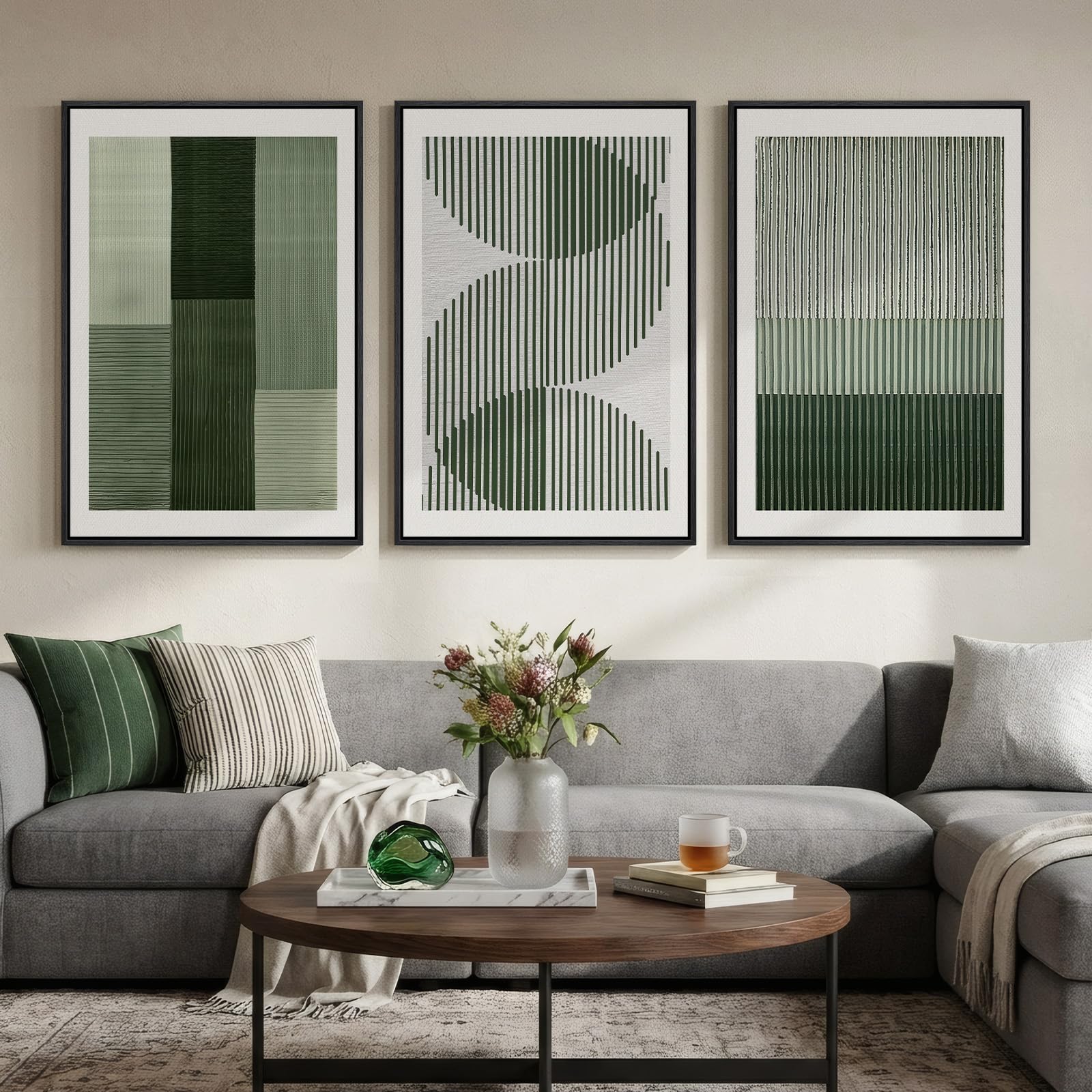 Large Framed Sage Green Abstract Landscape Wall Art for Living Room, 3 Piece Modern Canvas Prints Paintings Artwork for Walls, Nature Rustic Pictures Wall Decor for Bedroom Farmhouse Office 24x36 In