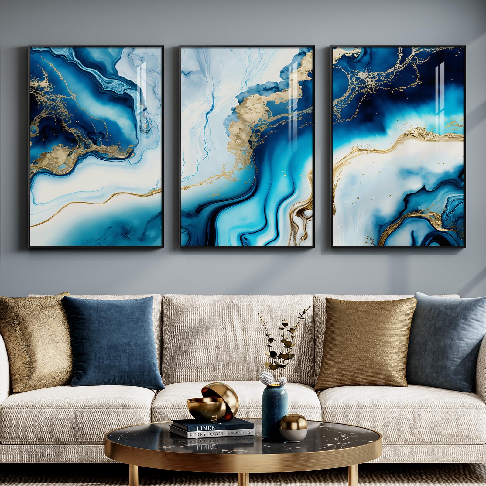 Large Framed Sage Green Abstract Landscape Wall Art for Living Room, 3 Piece Modern Canvas Prints Paintings Artwork for Walls, Nature Rustic Pictures Wall Decor for Bedroom Farmhouse Office 24x36 In