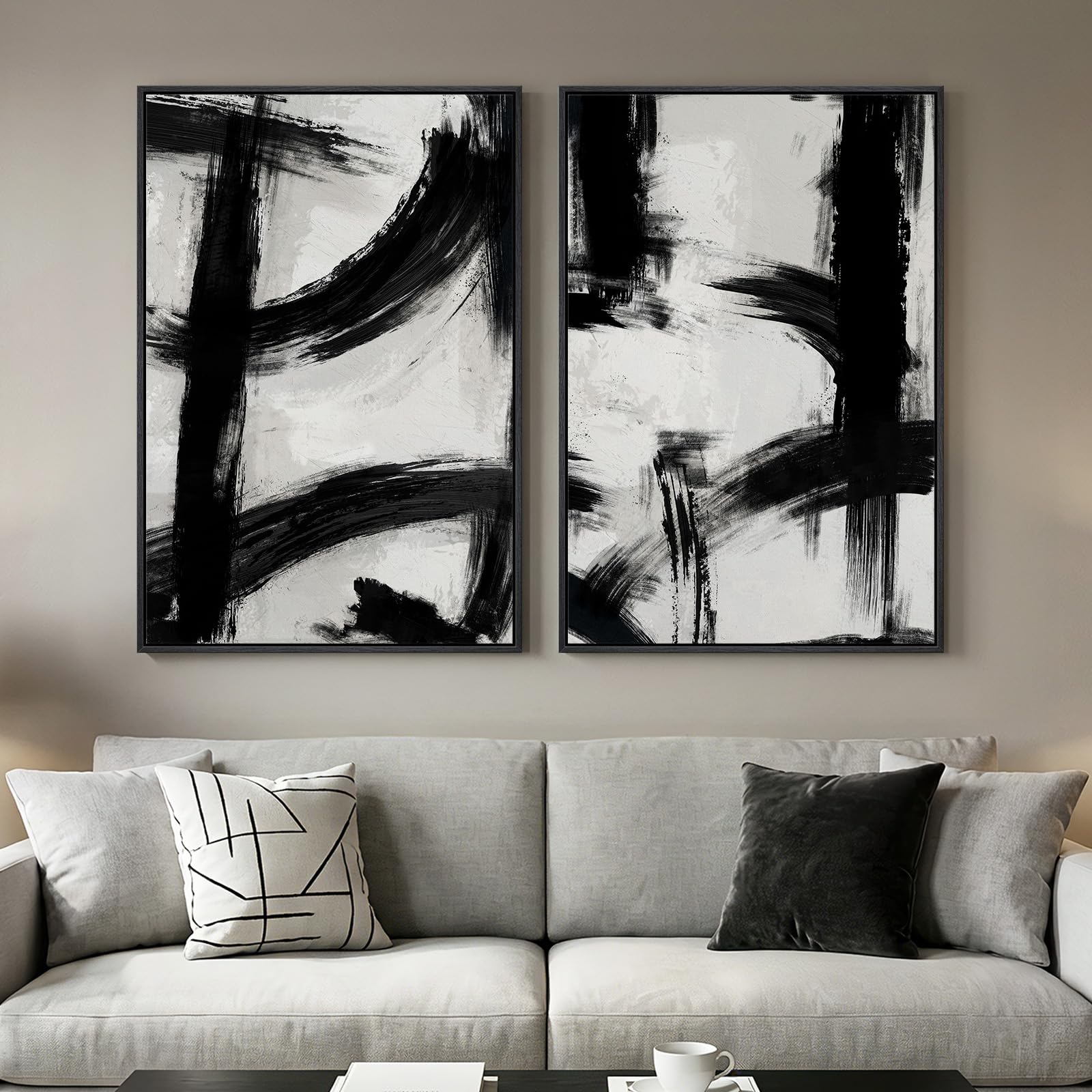 Framed Sage Green Abstract Wall Art for Living Room, Large Set of 2 Abstract Landscape Canvas Artwork for Walls, Minimalist Painting Print for Bedroom Dining Room Office Hallway Wall Decor, 24x36 Inch