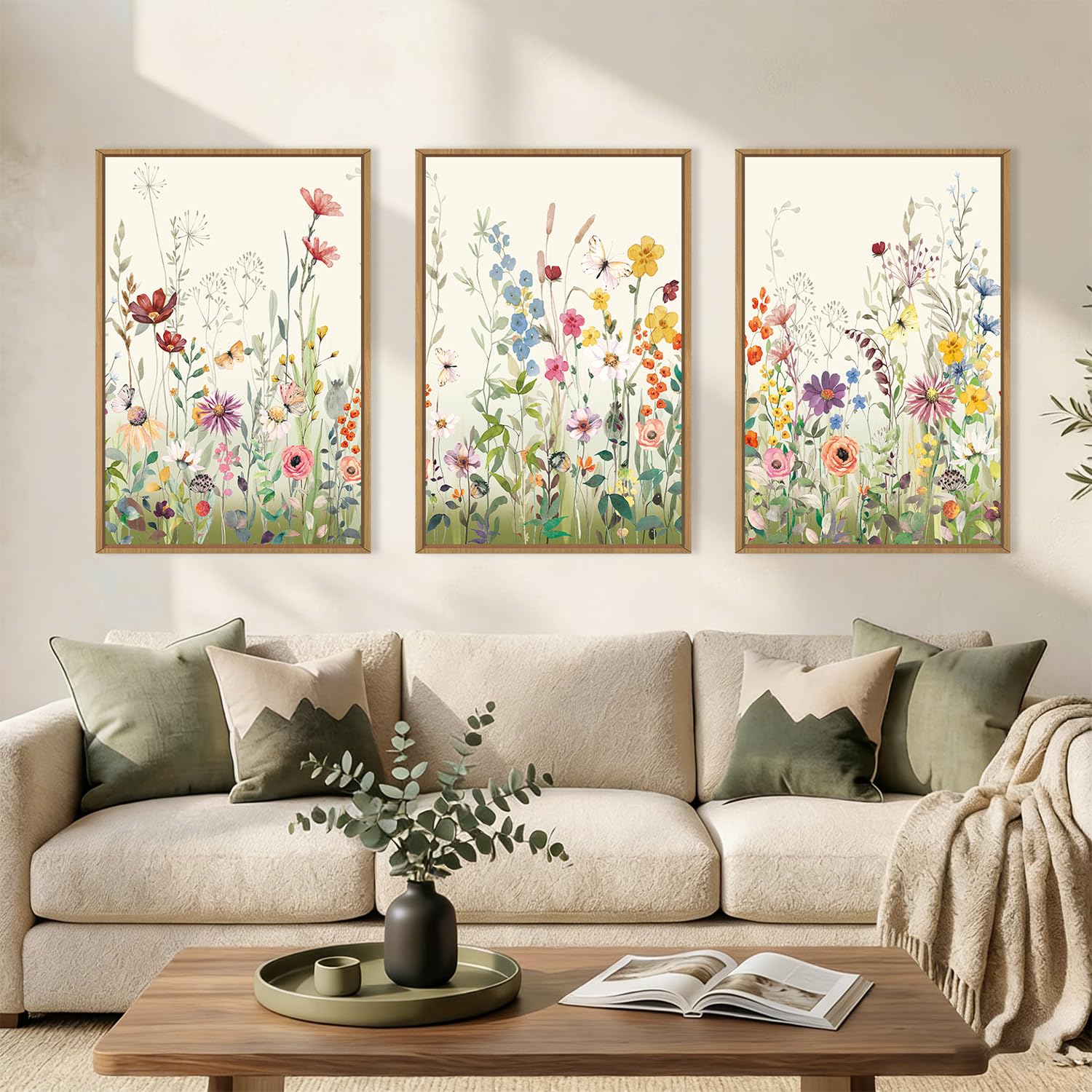 Abstract Natural Landscape Framed Canvas Wall Art Set, Watercolor Tan Green Beige Wall Decor, Minimalist Neutral Modern Scenery Artwork for Living Room, Bedroom,Farmhouse- 40"x20"x1