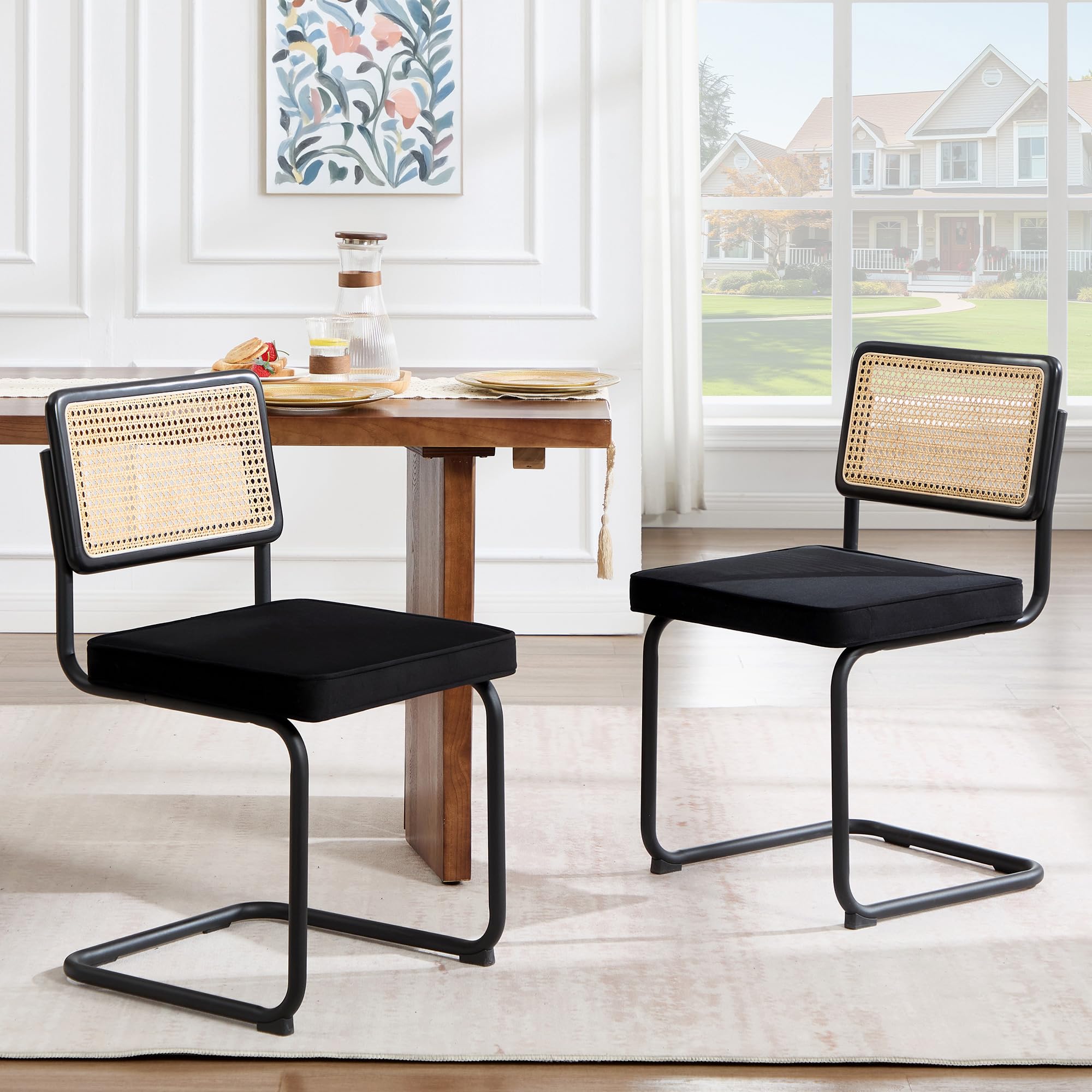 Zesthouse Natural Rattan Dining Chairs Set of 2, Olive Green Modern Kitchen Chairs with Solid Wood Back & Chrome Base, Mid Century Breuer Design Inspired, Upholstered Velvet Fabric