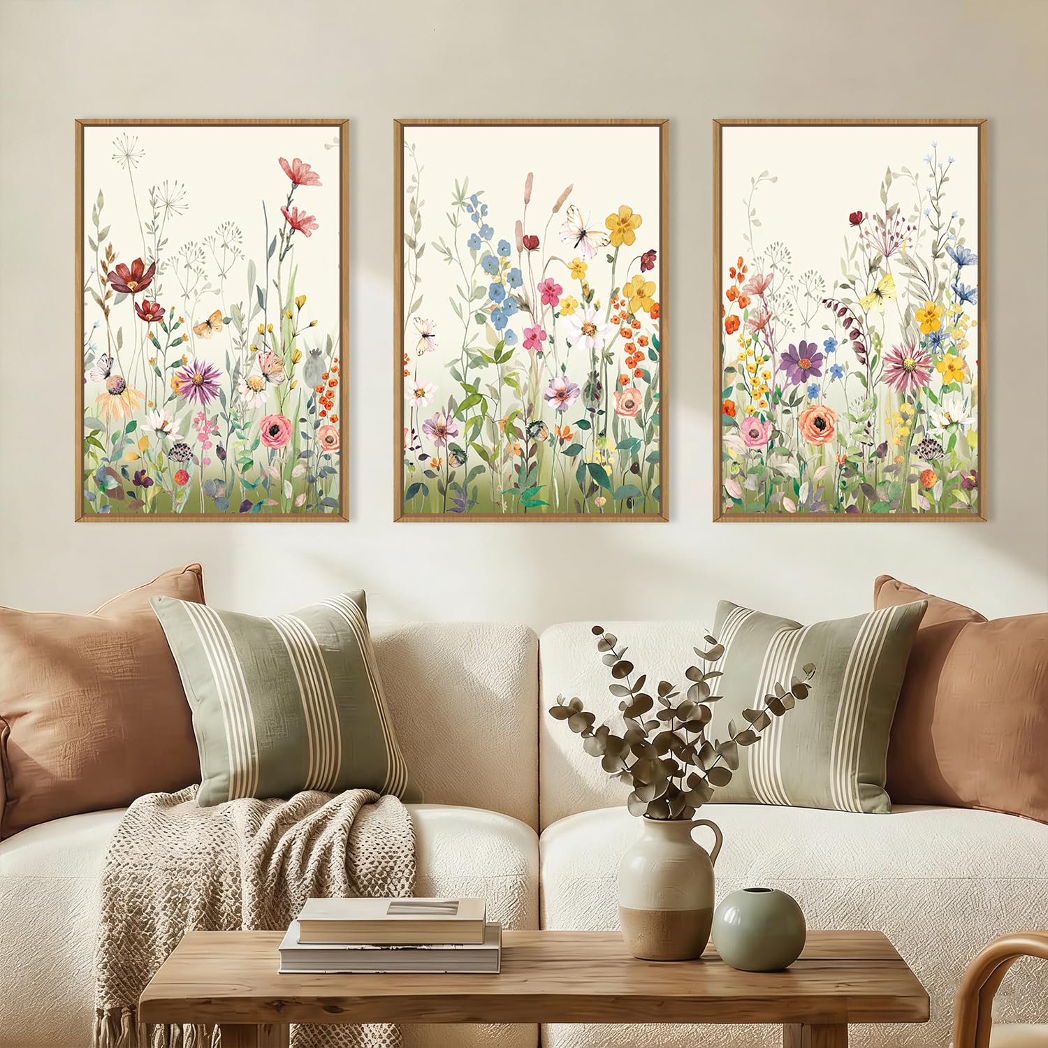 Abstract Natural Landscape Framed Canvas Wall Art Set, Watercolor Tan Green Beige Wall Decor, Minimalist Neutral Modern Scenery Artwork for Living Room, Bedroom,Farmhouse- 40"x20"x1