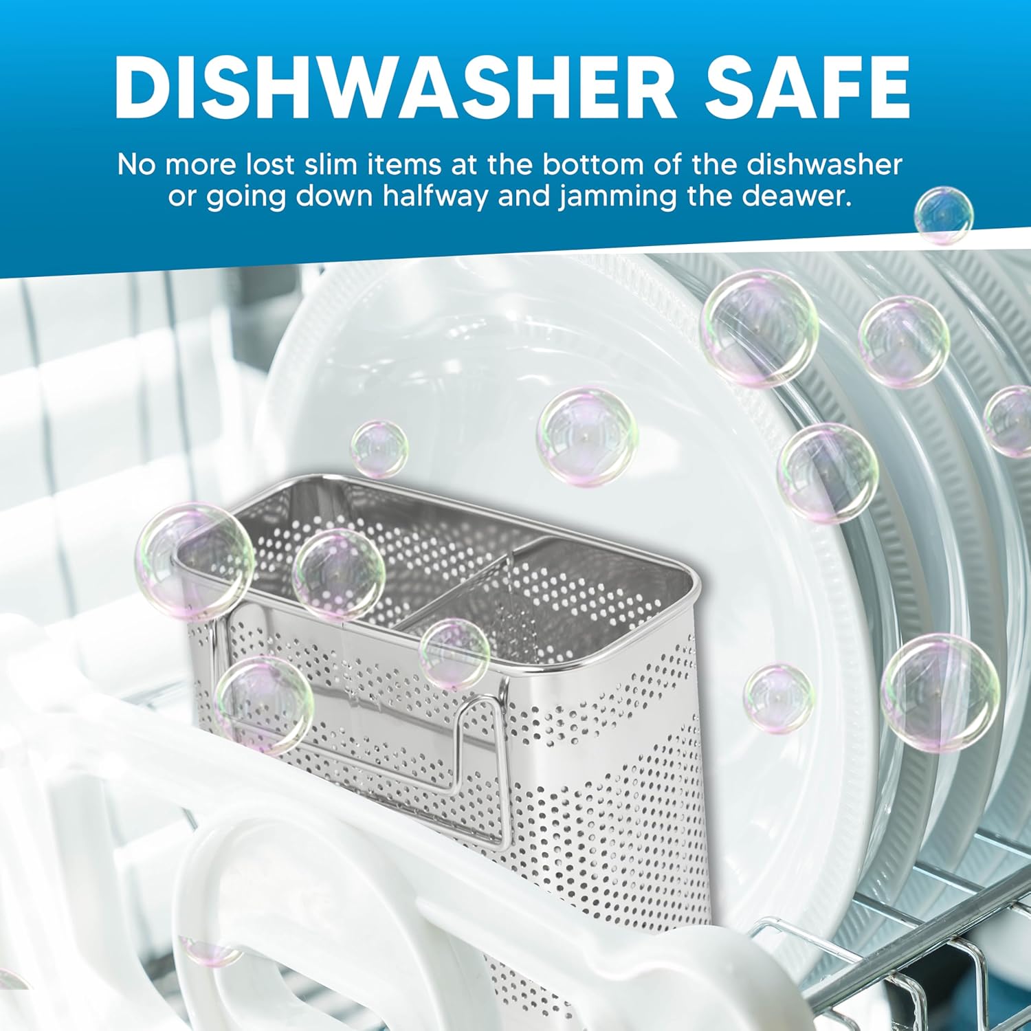 HOME&I Silverware Drying Basket, Hanging Rectangular Utensil Holder with 2 Compartments, Stainless Steel 304 Cutlery Caddy for Dish Rack, Kitchen Sink & Countertop
