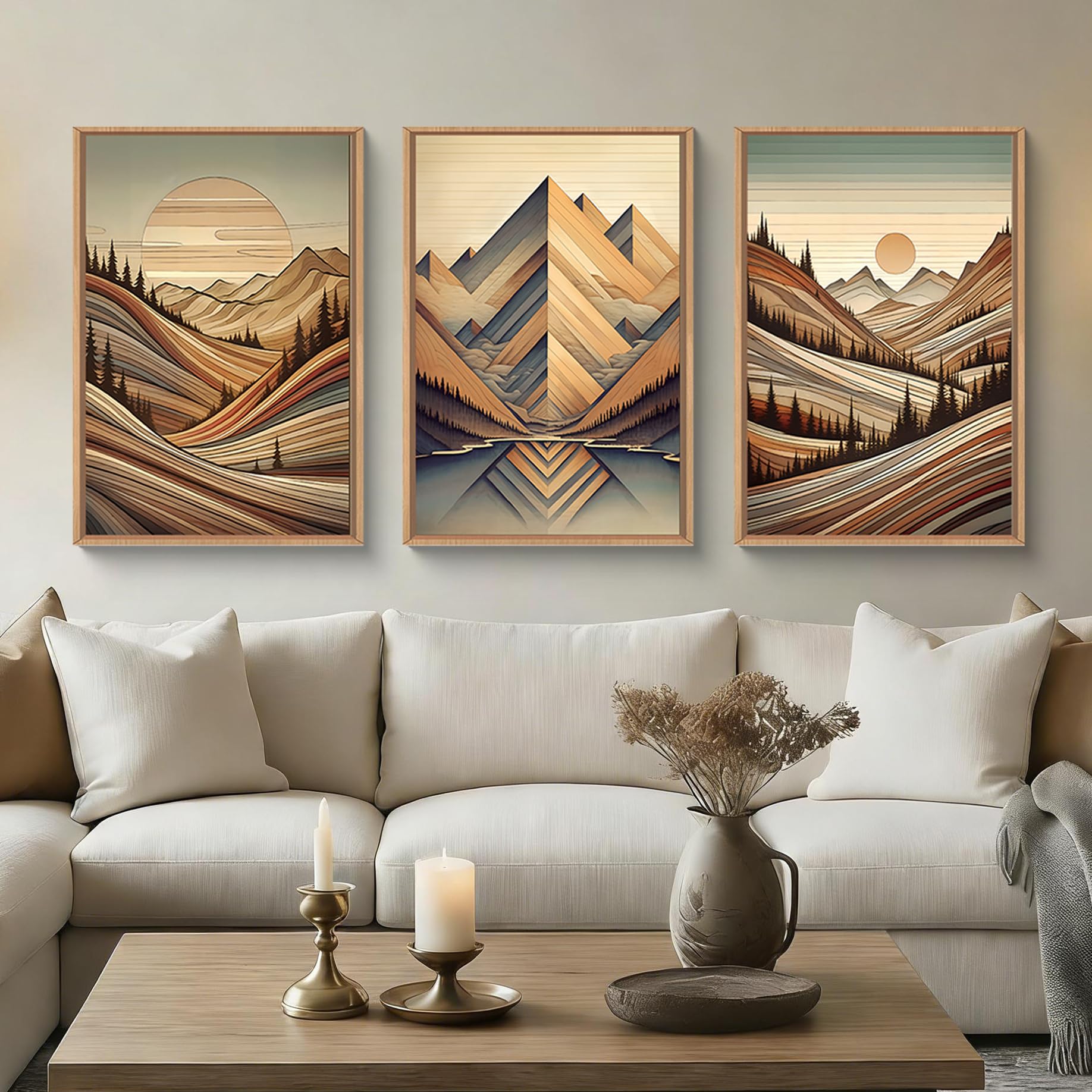 Abstract Natural Landscape Framed Canvas Wall Art Set, Watercolor Tan Green Beige Wall Decor, Minimalist Neutral Modern Scenery Artwork for Living Room, Bedroom,Farmhouse- 40"x20"x1