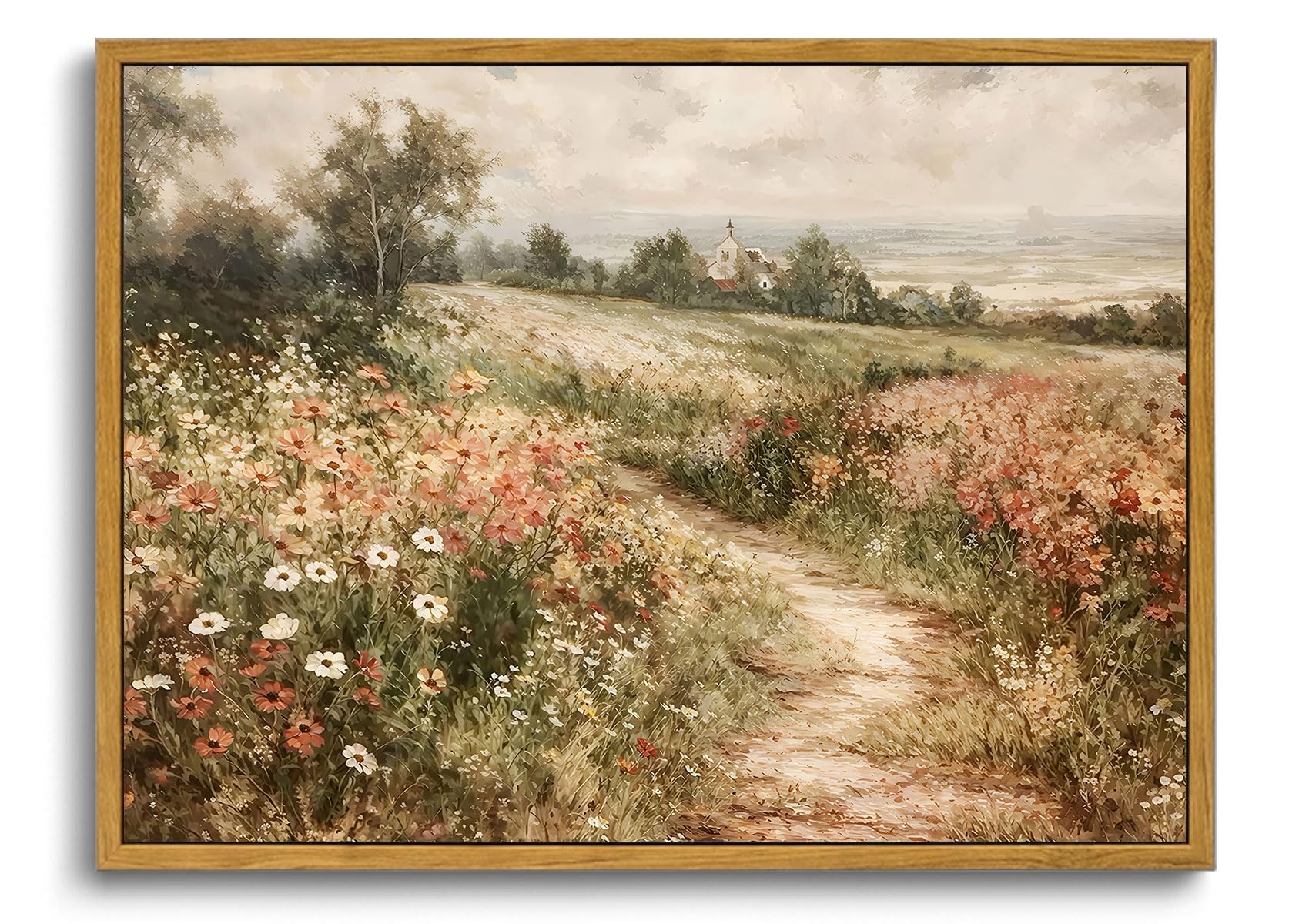 OIQArtOIQ Framed Canvas Wall Art,Vintage Decor,Landscape Nature Country Wildflower Paintings Farmhouse Pictures Modern Artwork Rustic Fall Flower Prints Cottagecore Office Living Room Bedroom Bathroom