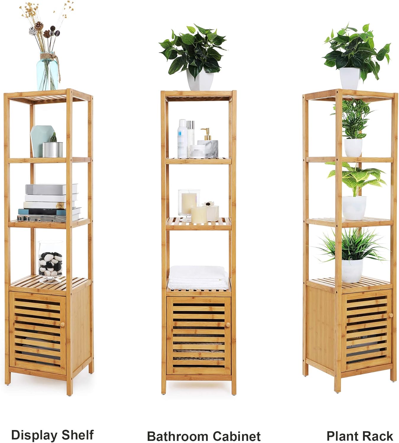 SONGMICS Bamboo Bathroom Storage Floor Cabinet, 4 Tiers Multifunctional Floor Shelving Unit, Free Standing Tower Corner Rack, Natural UBCB50Y