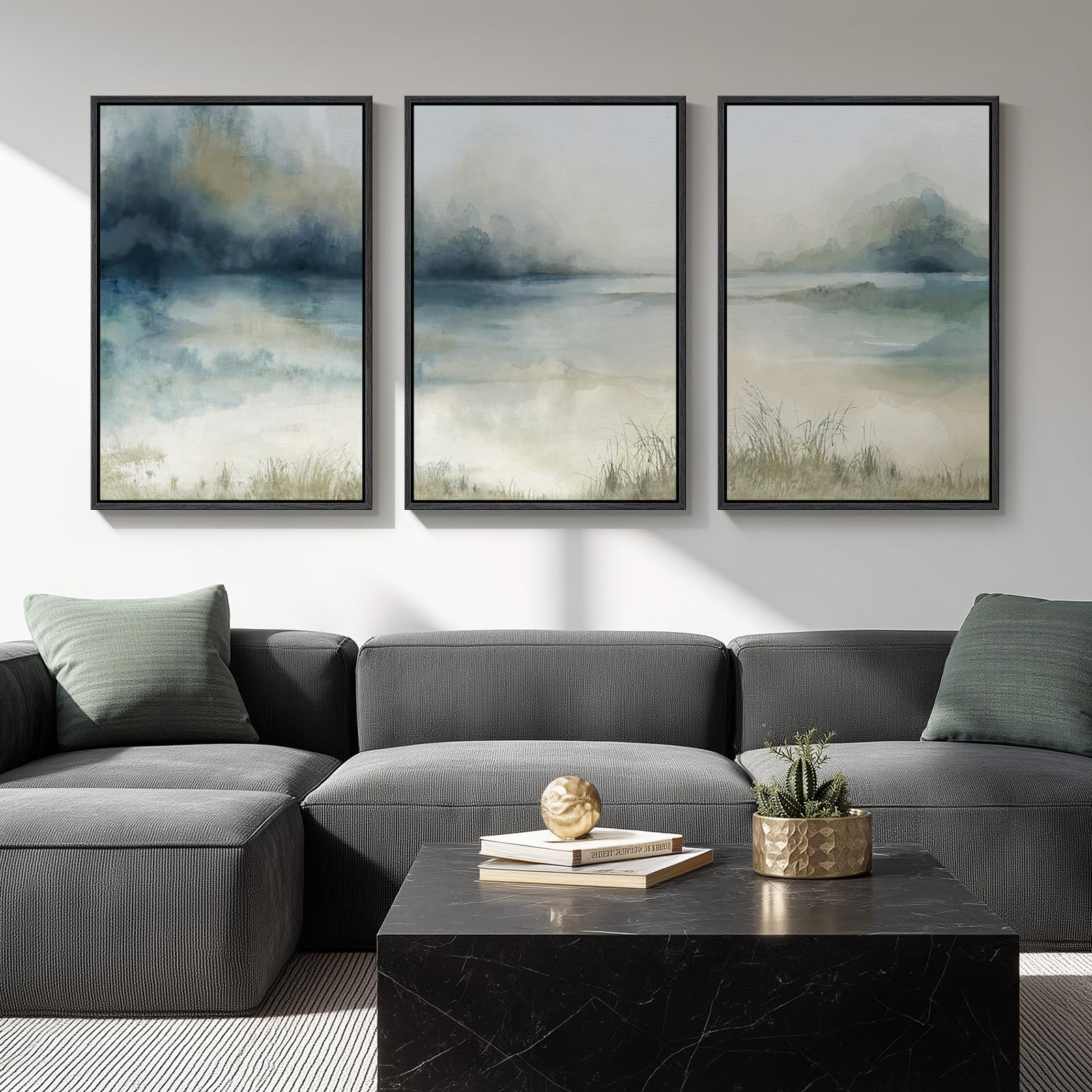 Large Framed Sage Green Abstract Landscape Wall Art for Living Room, 3 Piece Modern Canvas Prints Paintings Artwork for Walls, Nature Rustic Pictures Wall Decor for Bedroom Farmhouse Office 24x36 In