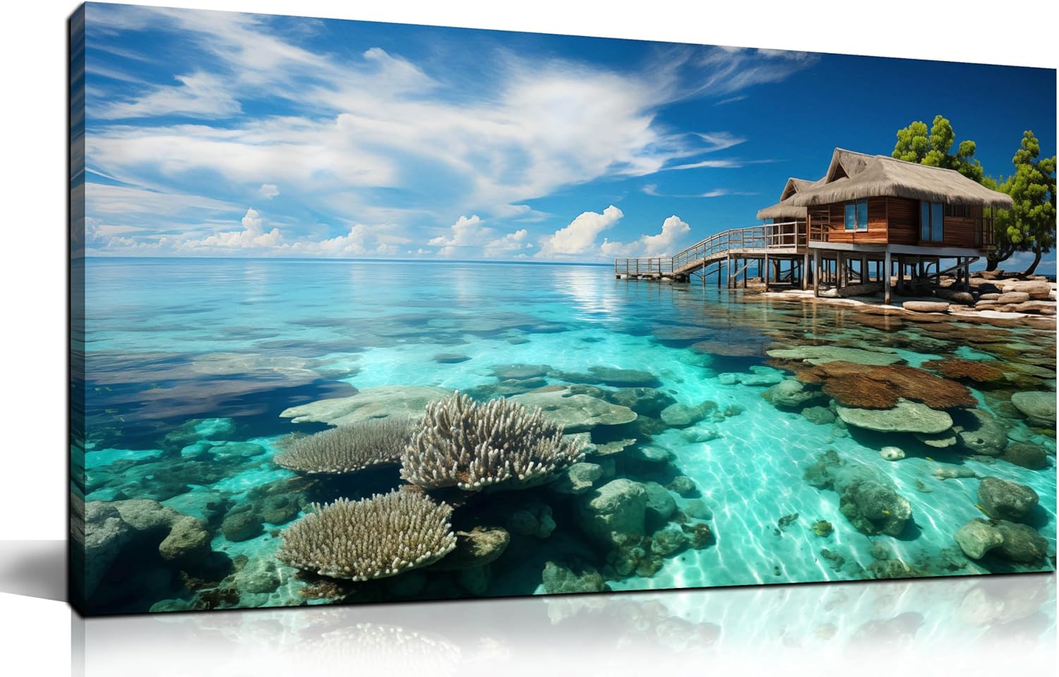 Ocean Scenic Canvas Wall Art, Blue Seascape Wall-Decor Picture , Ocean Scenery Canvas Decoration, Coastal Landscape Print Decorative Artwork for Home living Room Bedroom and Office, Size 40x20 Inches