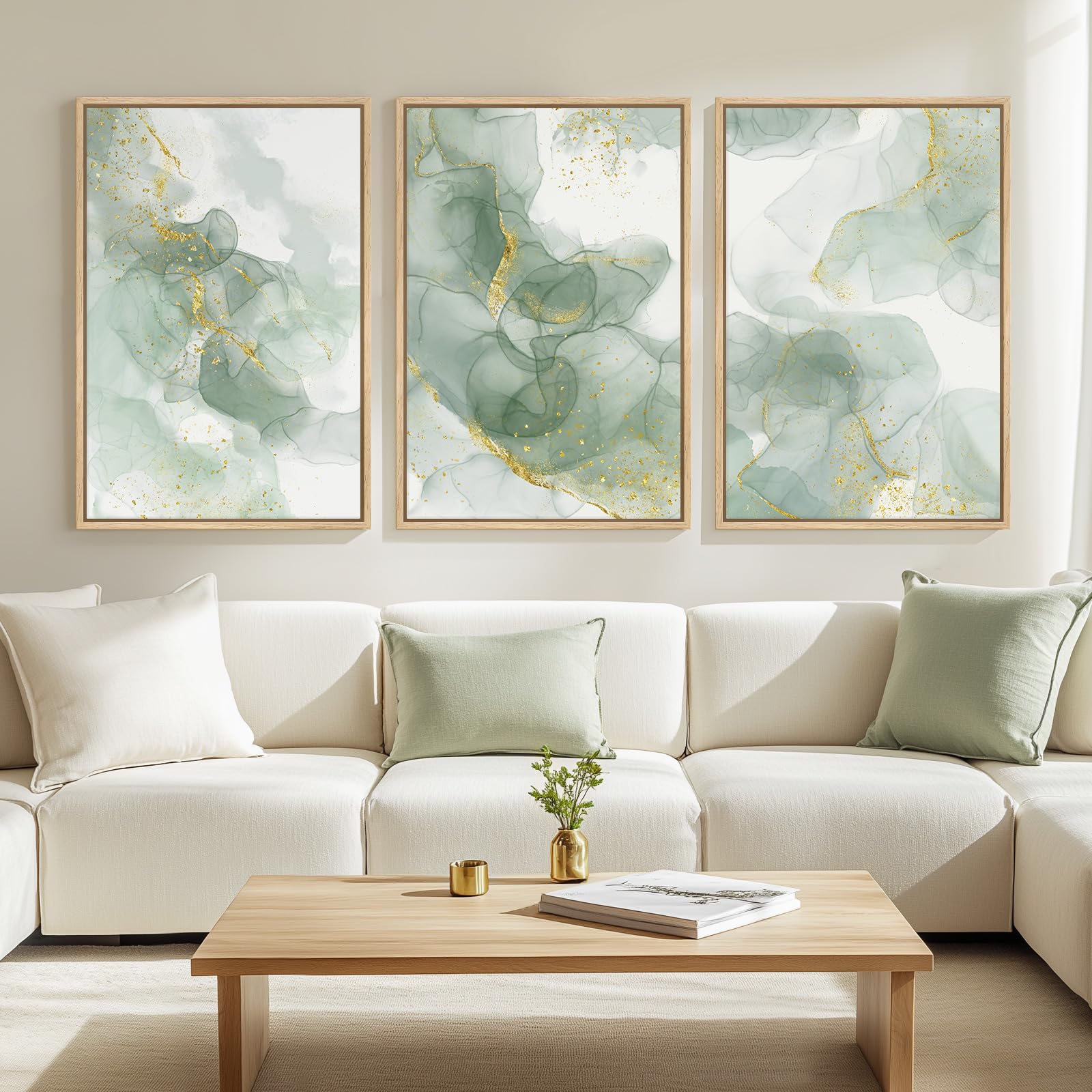 Large Framed Sage Green Abstract Landscape Wall Art for Living Room, 3 Piece Modern Canvas Prints Paintings Artwork for Walls, Nature Rustic Pictures Wall Decor for Bedroom Farmhouse Office 24x36 In