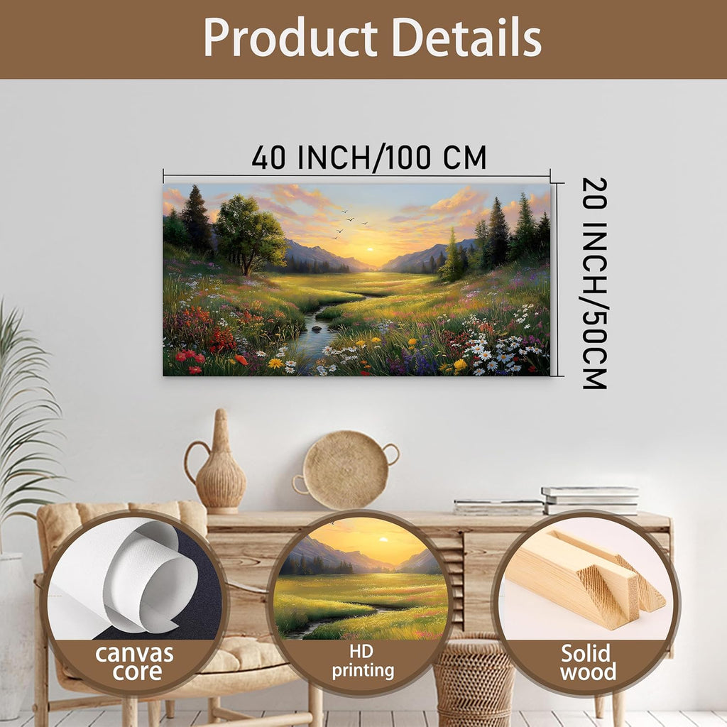 Tarfupth Large Green Landscape Canvas Wall Art for Living Room Sunset Mountain Wildflowers Canvas Prints Nature Scenery Artwork for Bedroom Office Home Decor 20"x40"