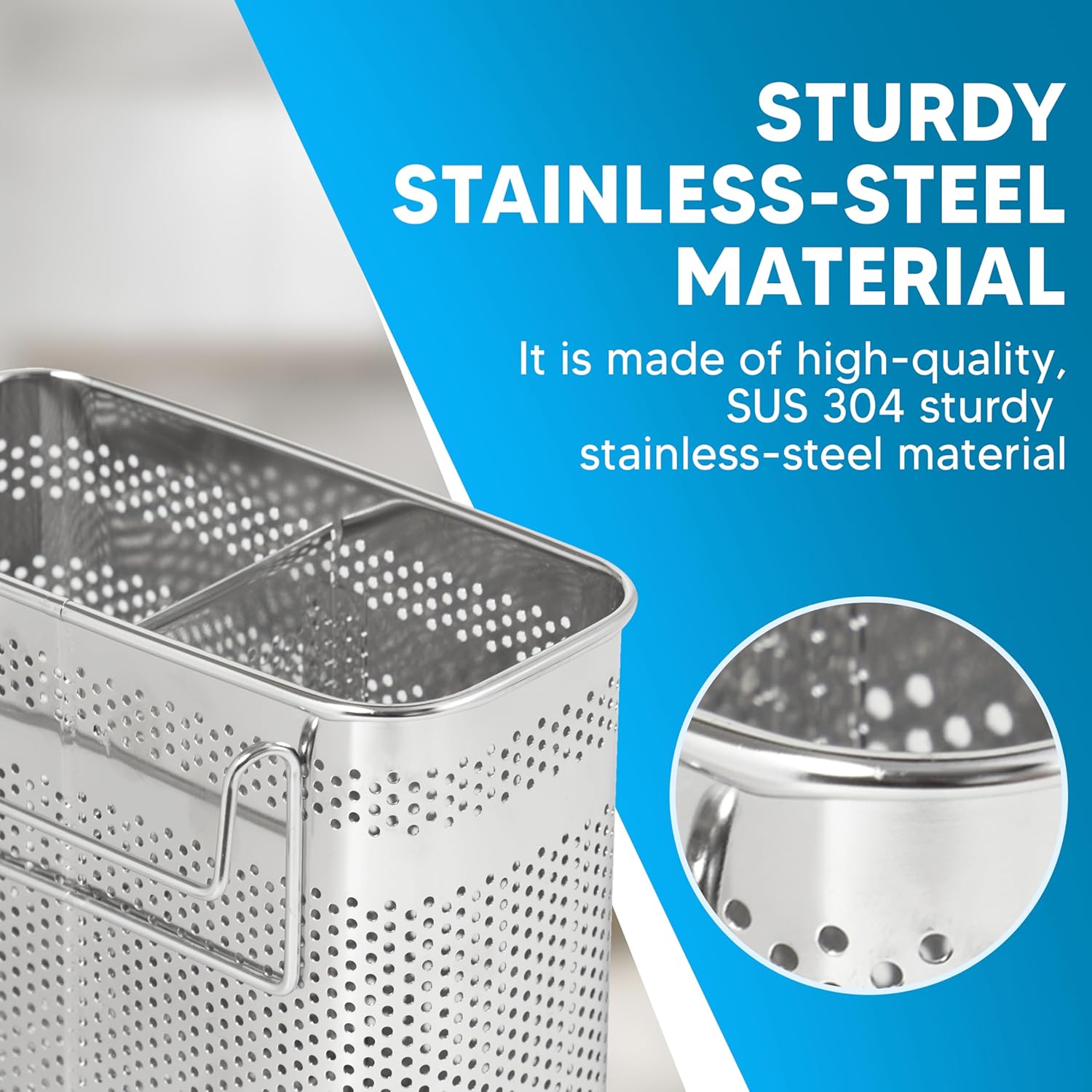 HOME&I Silverware Drying Basket, Hanging Rectangular Utensil Holder with 2 Compartments, Stainless Steel 304 Cutlery Caddy for Dish Rack, Kitchen Sink & Countertop