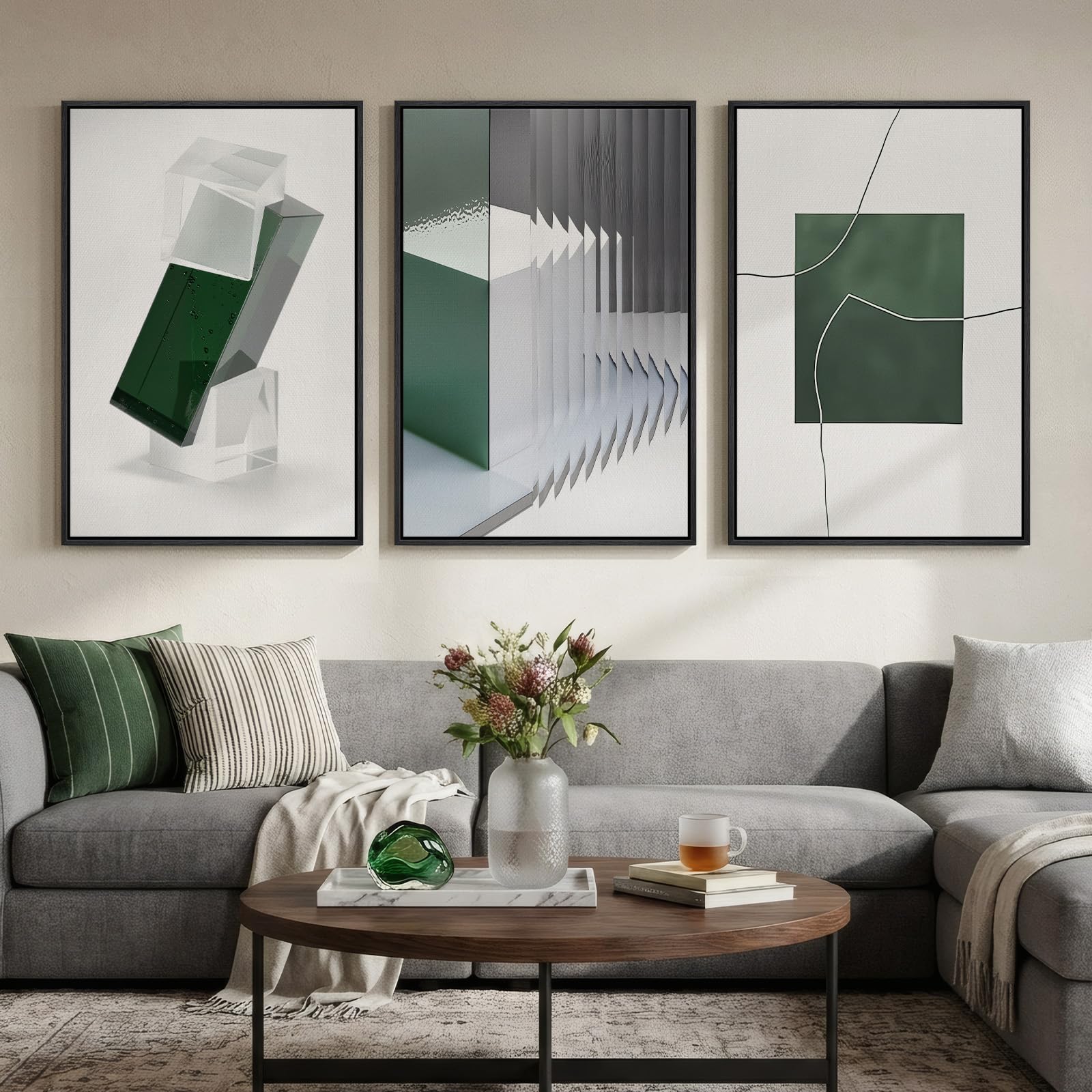 Large Framed Sage Green Abstract Landscape Wall Art for Living Room, 3 Piece Modern Canvas Prints Paintings Artwork for Walls, Nature Rustic Pictures Wall Decor for Bedroom Farmhouse Office 24x36 In