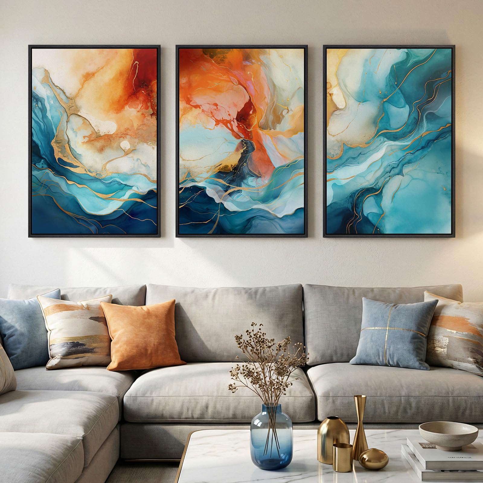 Large Framed Sage Green Abstract Landscape Wall Art for Living Room, 3 Piece Modern Canvas Prints Paintings Artwork for Walls, Nature Rustic Pictures Wall Decor for Bedroom Farmhouse Office 24x36 In
