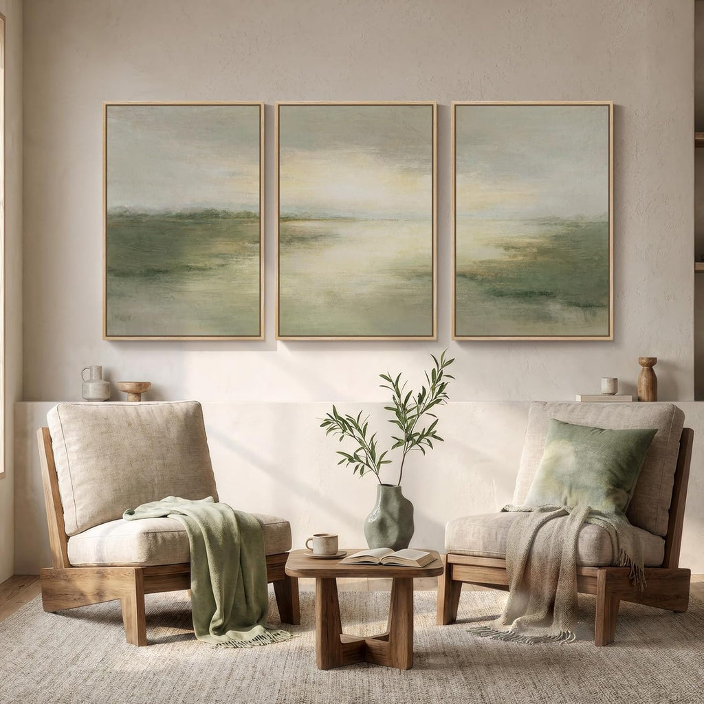 Large Framed Sage Green Abstract Landscape Wall Art for Living Room, 3 Piece Modern Canvas Prints Paintings Artwork for Walls, Nature Rustic Pictures Wall Decor for Bedroom Farmhouse Office 24x36 In
