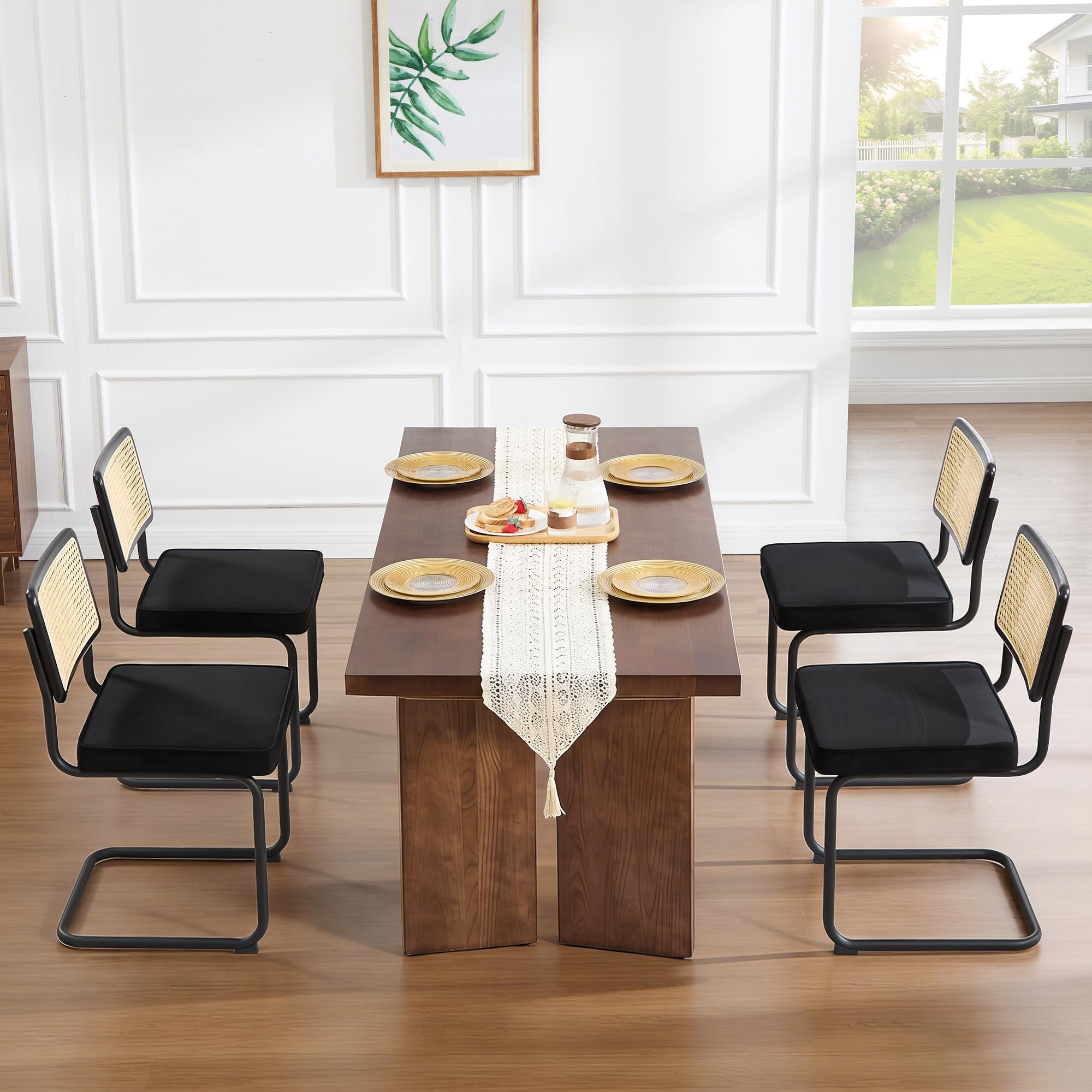 Zesthouse Natural Rattan Dining Chairs Set of 2, Olive Green Modern Kitchen Chairs with Solid Wood Back & Chrome Base, Mid Century Breuer Design Inspired, Upholstered Velvet Fabric