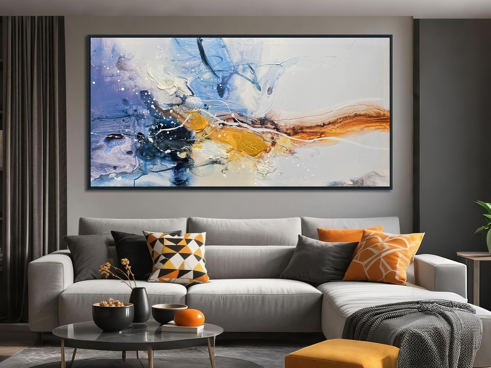 Ardemy Framed Lake & Mountain Canvas Wall Art 40"x20", Textured Blue-Green Landscape Painting, Large Nature Picture for Living Room Bedroom Office Decor