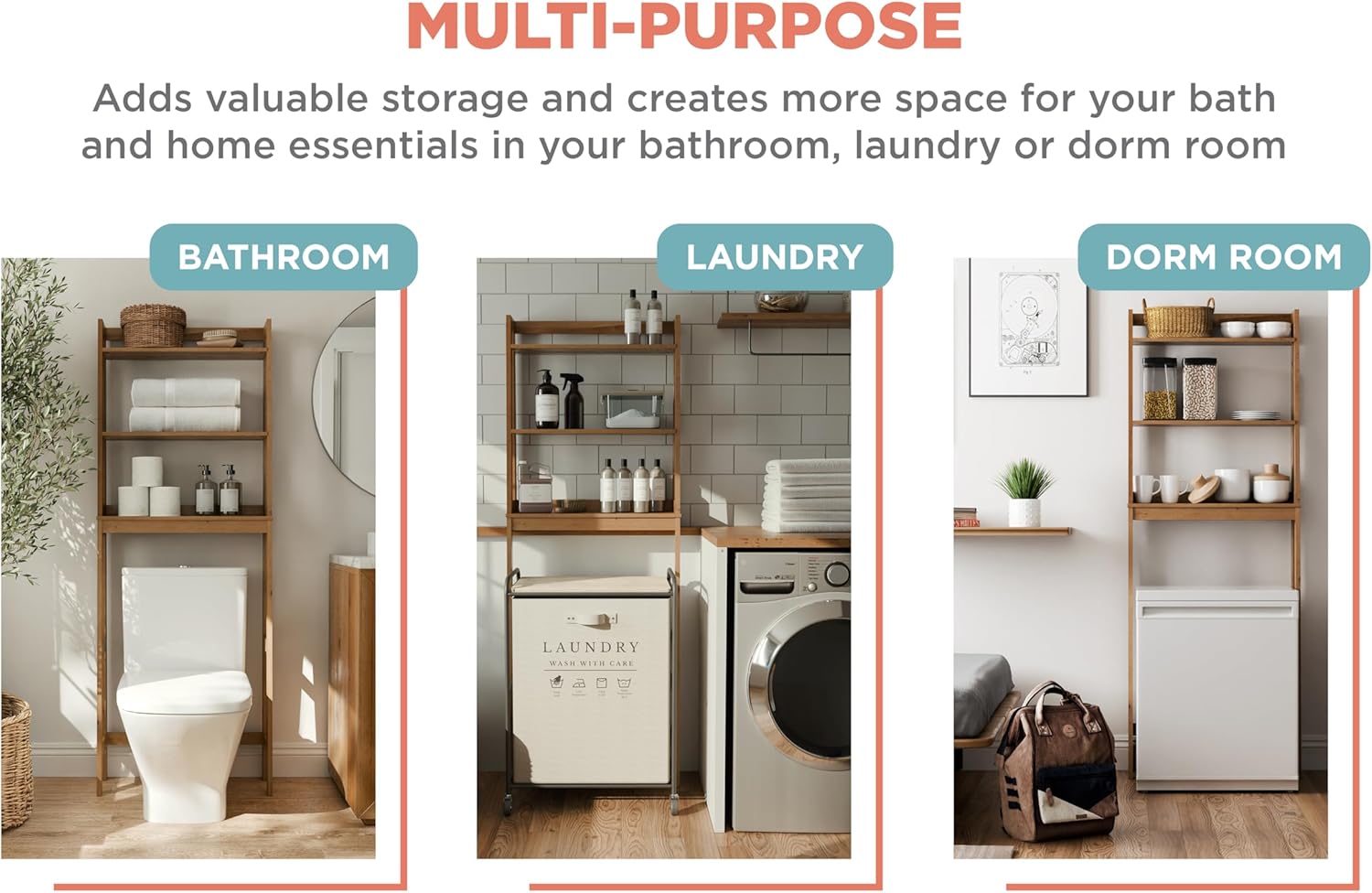 Zenna Home Bamboo Over-The-Toilet Bathroom Spacesaver with 3 Shelves, A-Frame Shelving for Bath, Laundry and Other Household Storage, Natural Finish