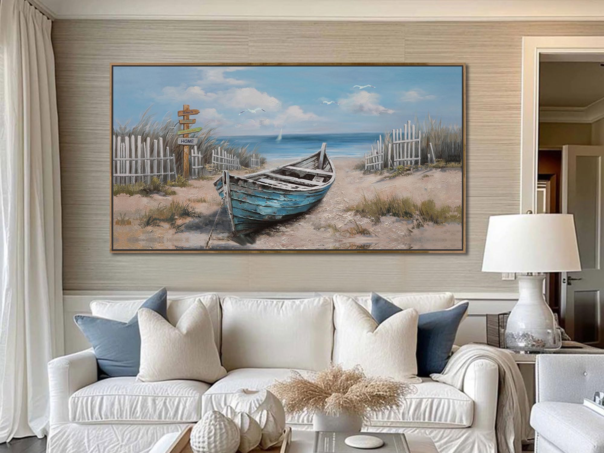 Ardemy Framed Lake & Mountain Canvas Wall Art 40"x20", Textured Blue-Green Landscape Painting, Large Nature Picture for Living Room Bedroom Office Decor