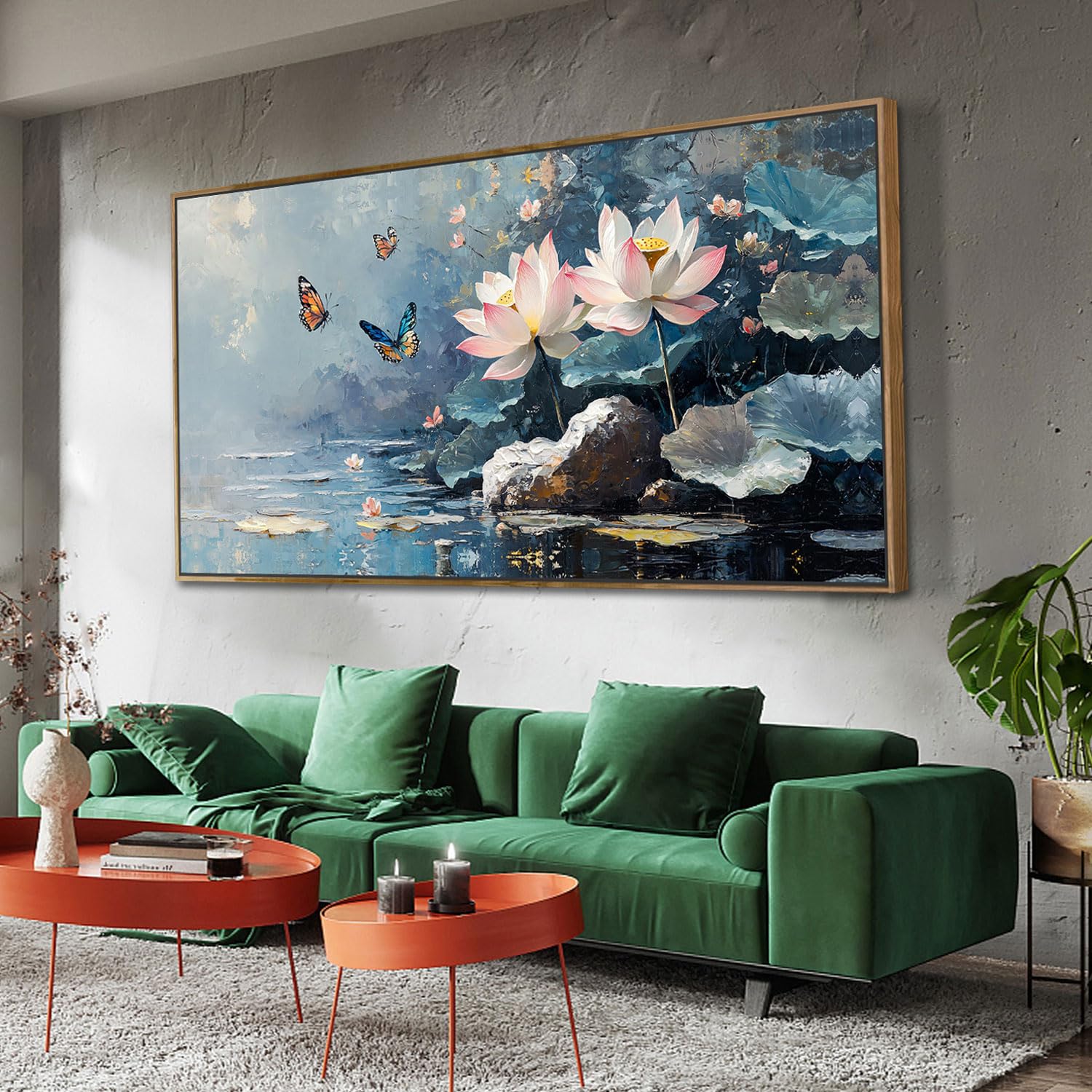 Ardemy Framed Lake & Mountain Canvas Wall Art 40"x20", Textured Blue-Green Landscape Painting, Large Nature Picture for Living Room Bedroom Office Decor