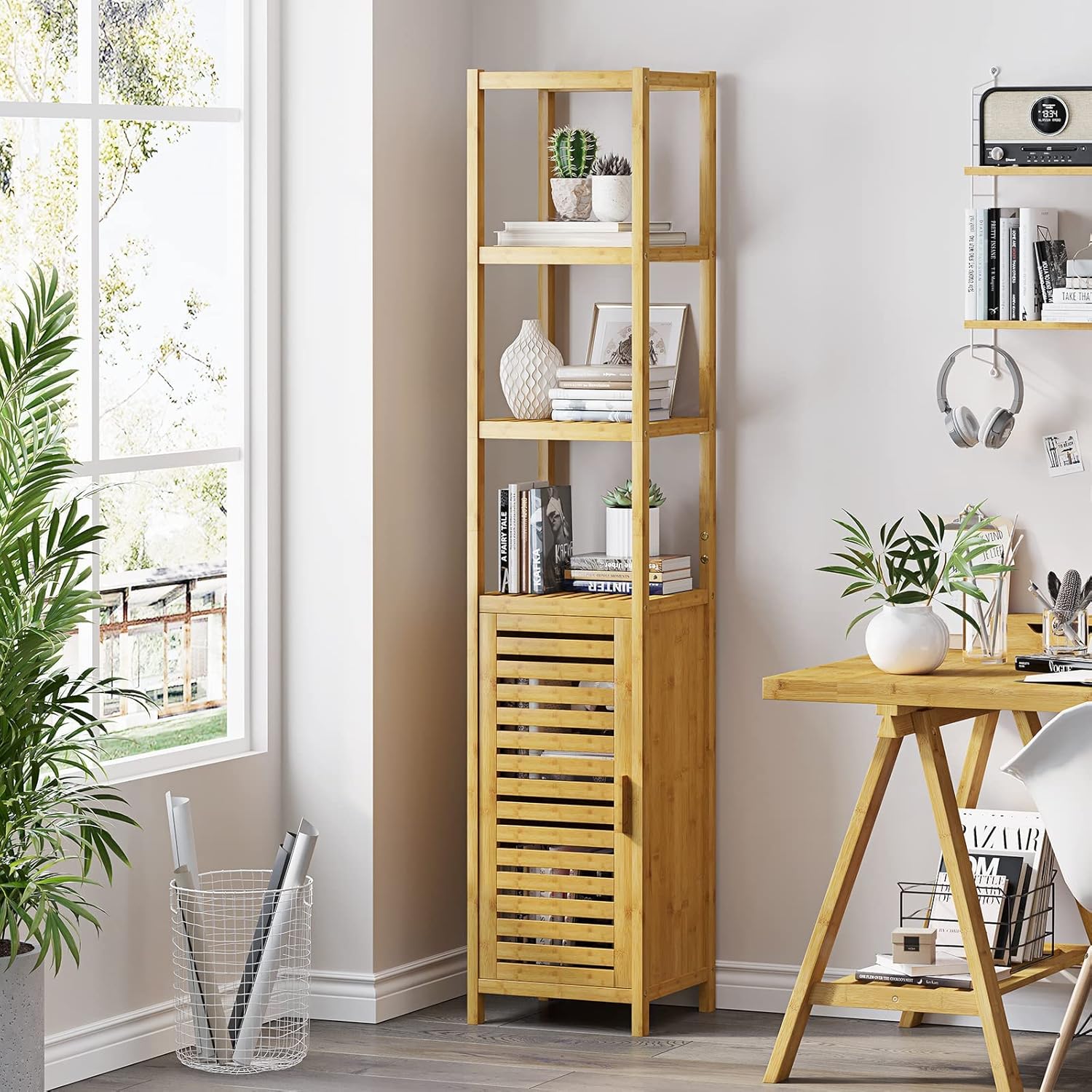 VIAGDO Storage Tall Slim Cabinet with Shutter Door and 3 Tier Shelves, Freestanding Linen Tower Cabinet for Living Room, Kitchen, Bathroom Organizer, Natural Bamboo