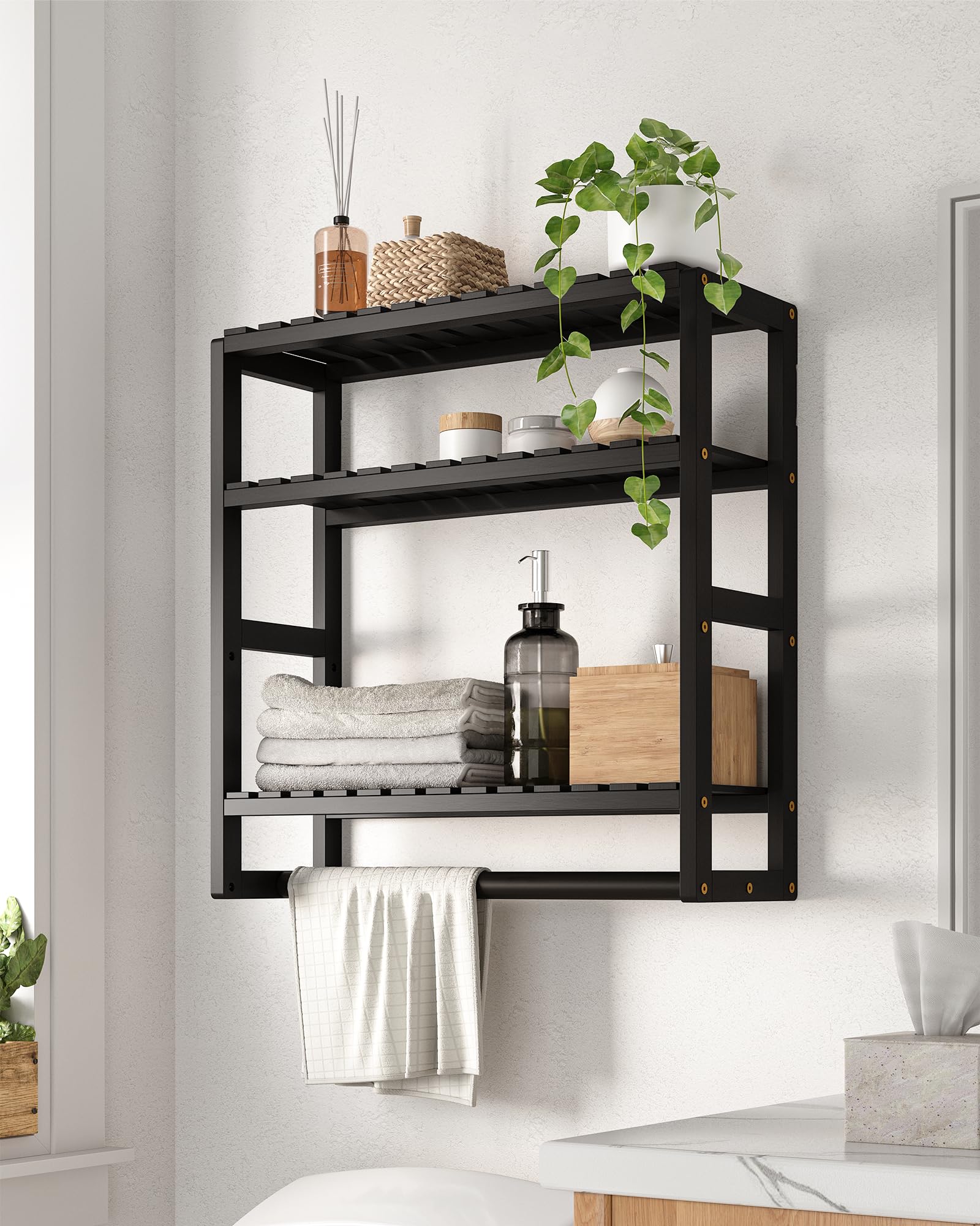 Galood Over The Toilet Storage Bathroom Shelves Wall Mounted 3 Tier Space Saver Corner Shelf Organizer Bamboo Towel Rack Toilet Paper Cabinet with Hanging Rod Yellow