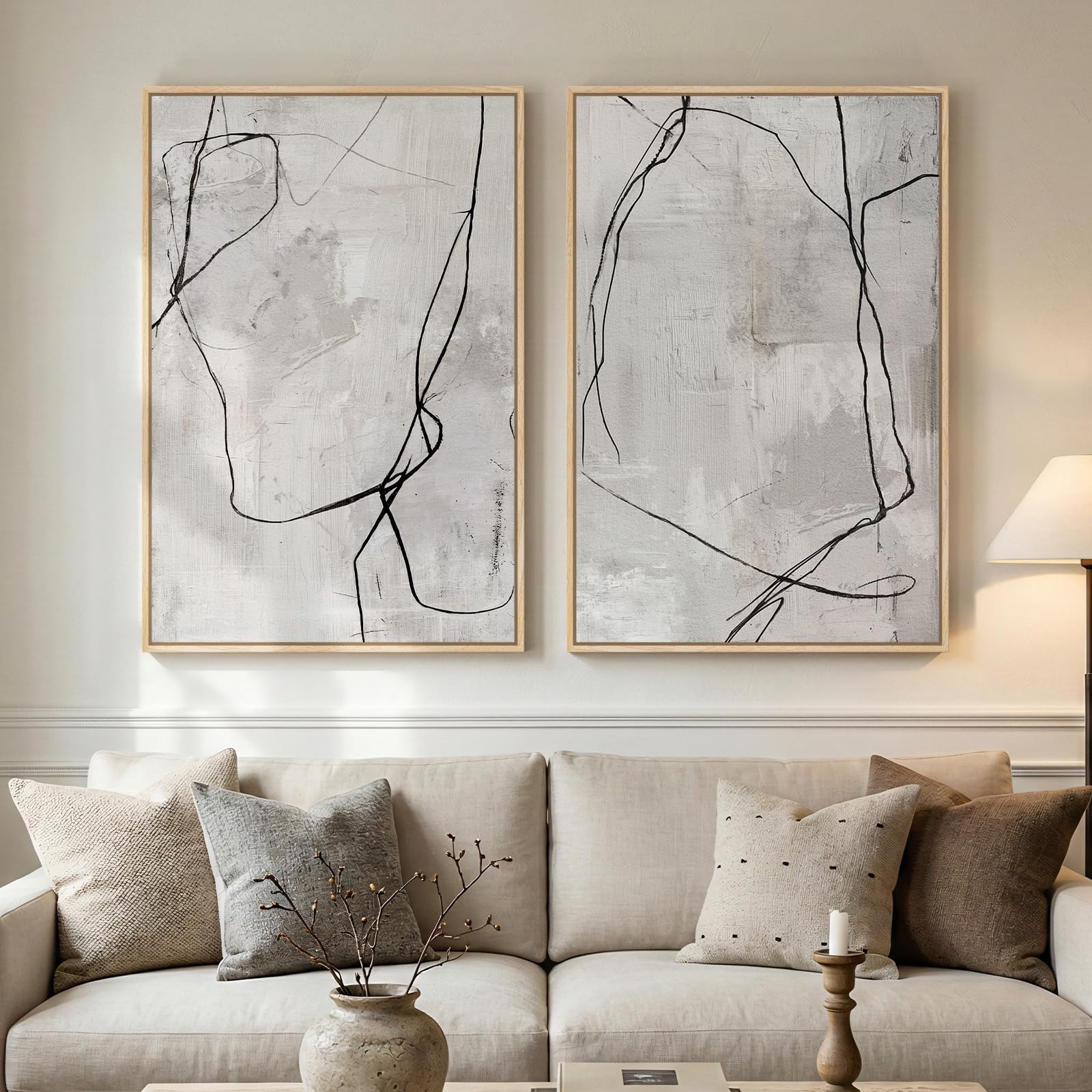 Framed Sage Green Abstract Wall Art for Living Room, Large Set of 2 Abstract Landscape Canvas Artwork for Walls, Minimalist Painting Print for Bedroom Dining Room Office Hallway Wall Decor, 24x36 Inch