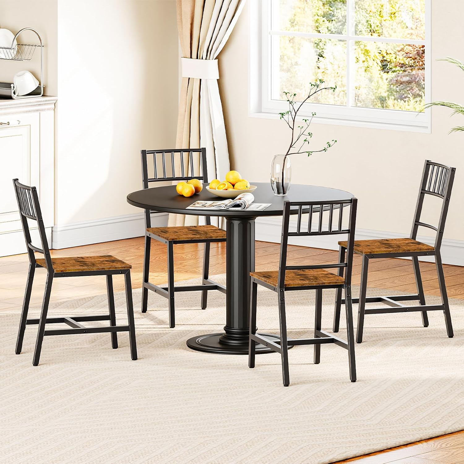 HOOBRO Dining Chairs Set of 2, Wooden Kitchen Chairs with Metal Frame, Industrial Dining Chairs with Back, Easy to Assemble, Farmhouse Dining Chairs for Living Room, Rustic Brown and Black BF39CD01