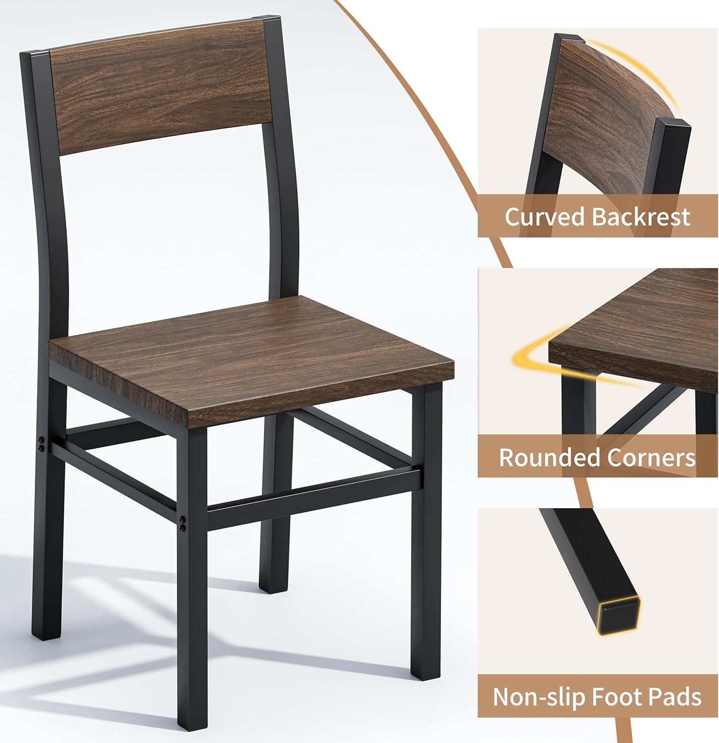 MECHYIN Dining Chairs Set of 4, Rustic Wood Dining Room Chairs with Thickened and Strengthened Metal Steel Frame & Slat Back, Modern Farmhouse Chair for Kitchen, Dining Room (4, Nut-Brown)