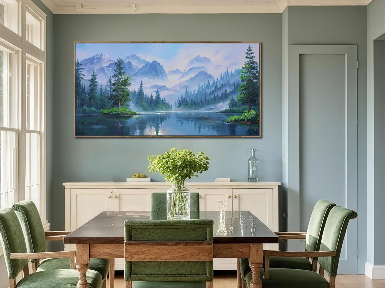 Ardemy Framed Lake & Mountain Canvas Wall Art 40"x20", Textured Blue-Green Landscape Painting, Large Nature Picture for Living Room Bedroom Office Decor