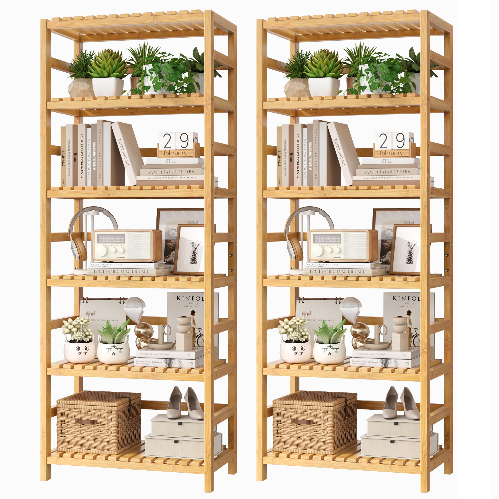 FOTOSOK 6-Tier Bamboo Shelf, Bamboo Bookcase with Adjustable Shelves, Free Standing Storage Shelf Unit, Plant Flower Stand for Kitchen, Bathroom, Home Office, Natural