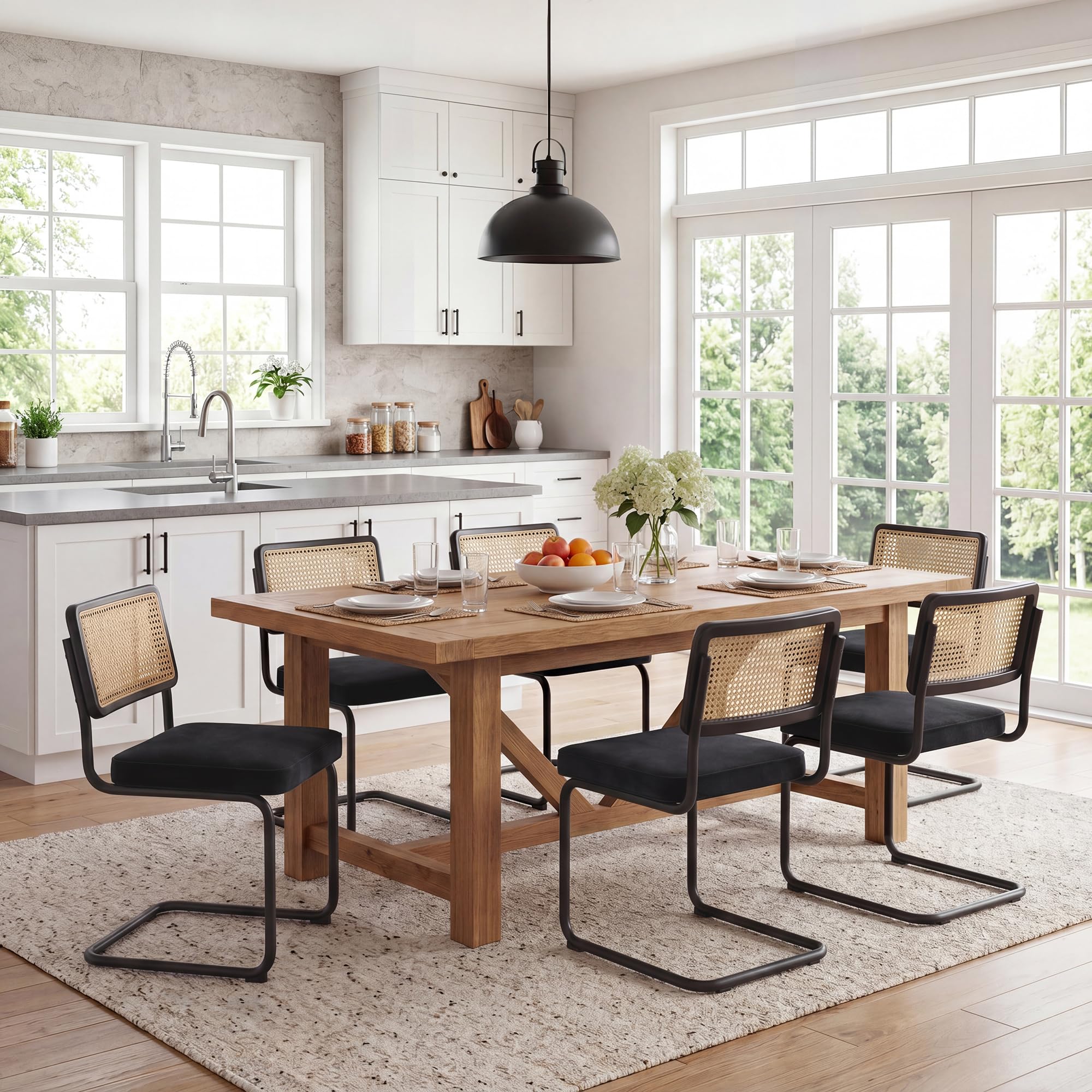 Zesthouse Natural Rattan Dining Chairs Set of 2, Olive Green Modern Kitchen Chairs with Solid Wood Back & Chrome Base, Mid Century Breuer Design Inspired, Upholstered Velvet Fabric
