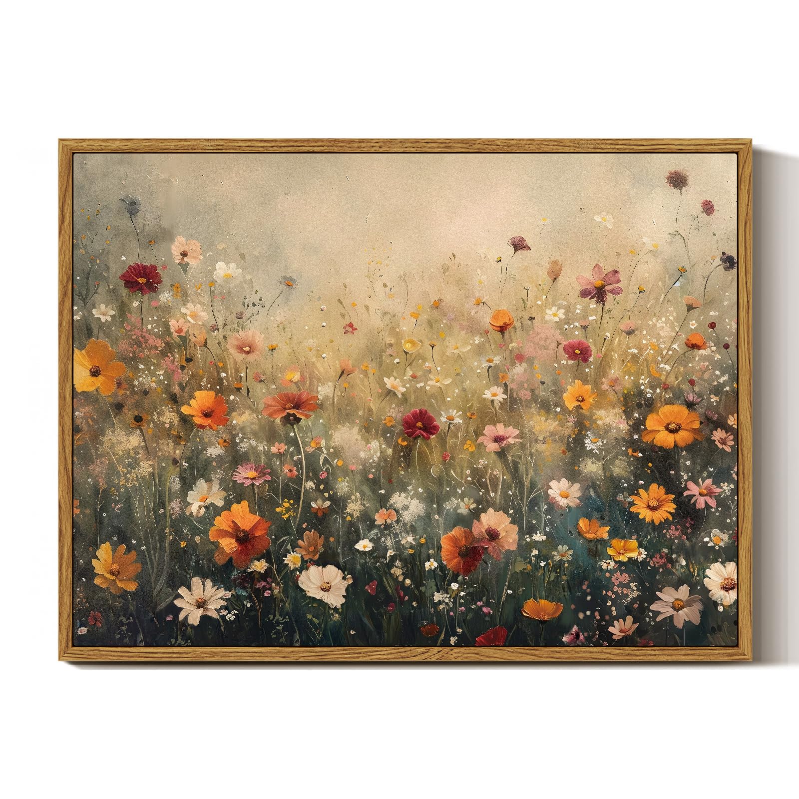 InSimSea Framed Canvas Wall Art Vintage Decor, Landscape Wall Art, Meadow with Flowers Art, Modern Farmhouse Decor, Cottagecore Bedroom Bathroom Office Decorations, 24"x36"