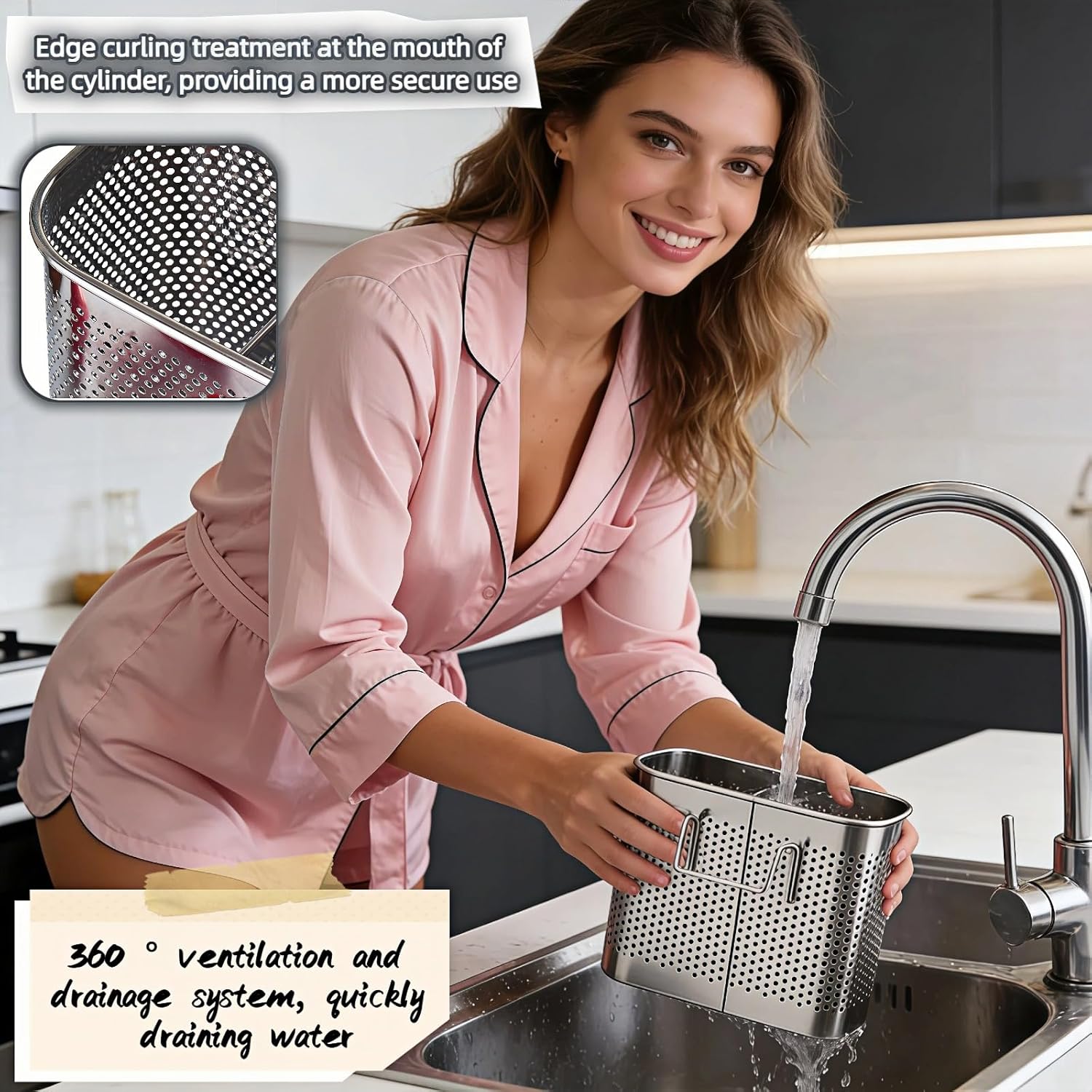 Stainless Steel Kitchen Utensil Holder with Hooks, 2-Tier Stainless Steel 304 Utensil Holder,Rustproof Heavy Duty Dish Drainer for Kitchen Sink Countertop,5.51x4.33x2.76 Inch