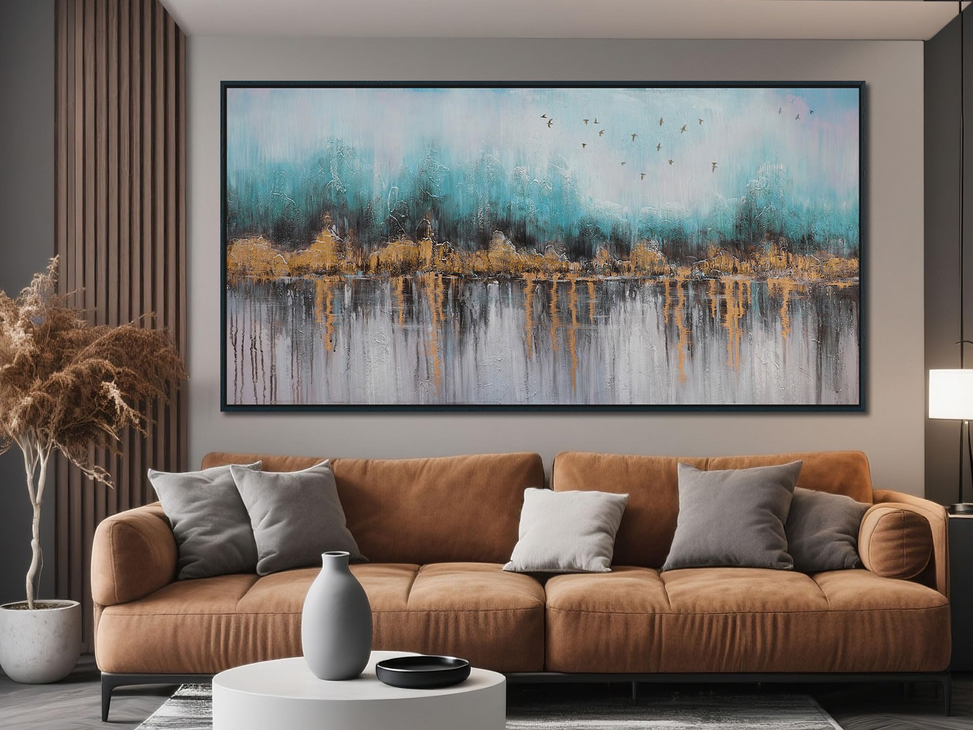 Ardemy Framed Lake & Mountain Canvas Wall Art 40"x20", Textured Blue-Green Landscape Painting, Large Nature Picture for Living Room Bedroom Office Decor