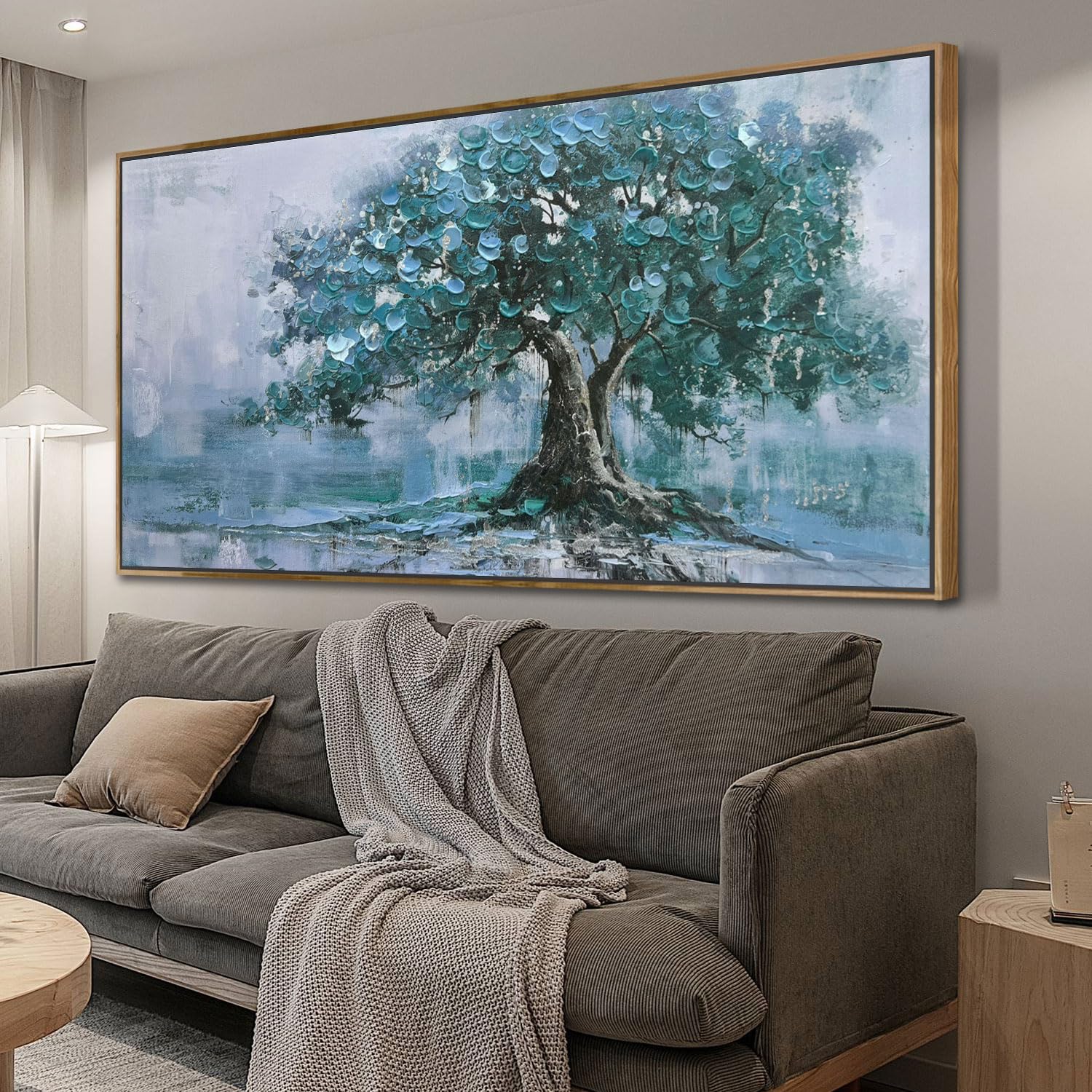 Ardemy Framed Lake & Mountain Canvas Wall Art 40"x20", Textured Blue-Green Landscape Painting, Large Nature Picture for Living Room Bedroom Office Decor