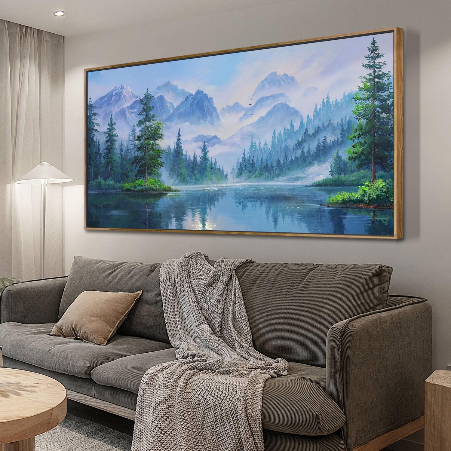 Ardemy Framed Lake & Mountain Canvas Wall Art 40"x20", Textured Blue-Green Landscape Painting, Large Nature Picture for Living Room Bedroom Office Decor